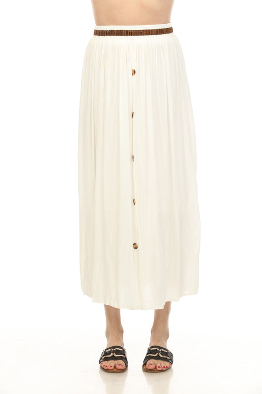 White Button Detailed Elastic Waist Skirt