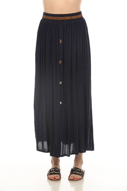 Navy Button Detailed Elastic Waist Skirt