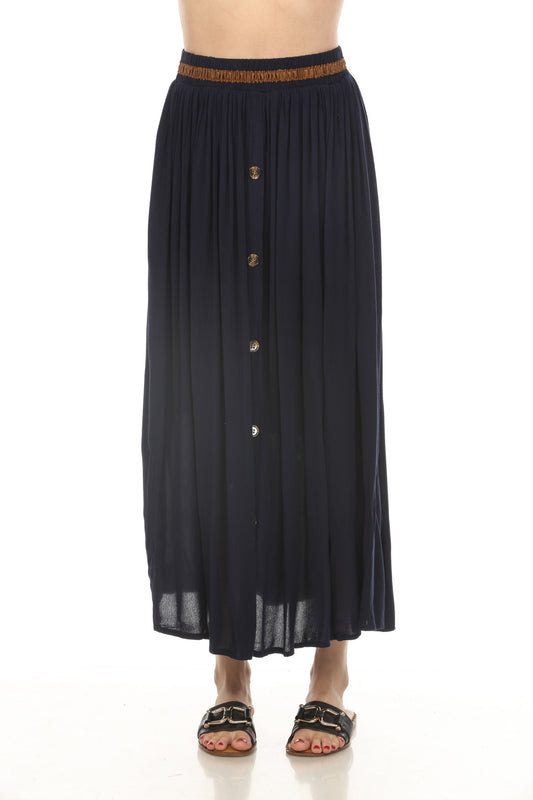 Navy Button Detailed Elastic Waist Skirt