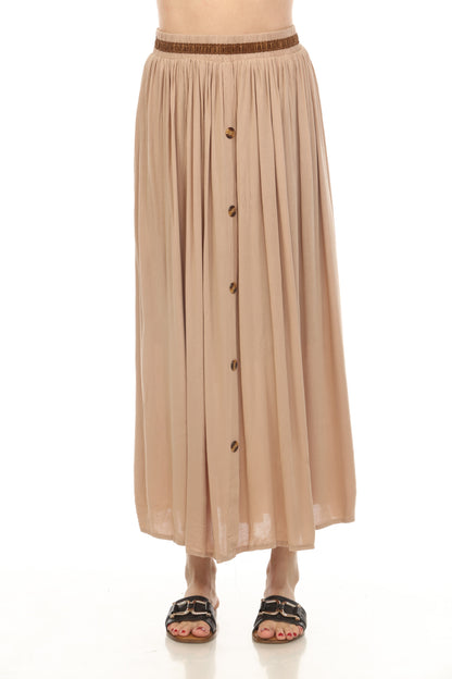 Beige Button Detailed Elastic Waist Skirt