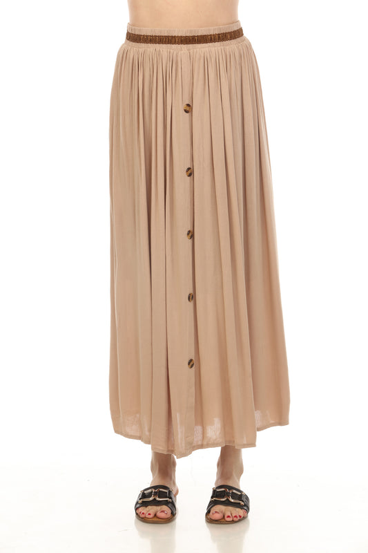 Beige Button Detailed Elastic Waist Skirt