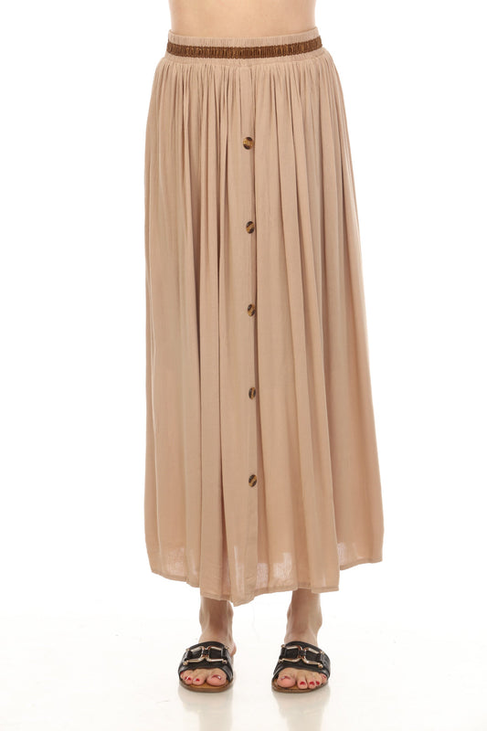 Beige Button Detailed Elastic Waist Skirt