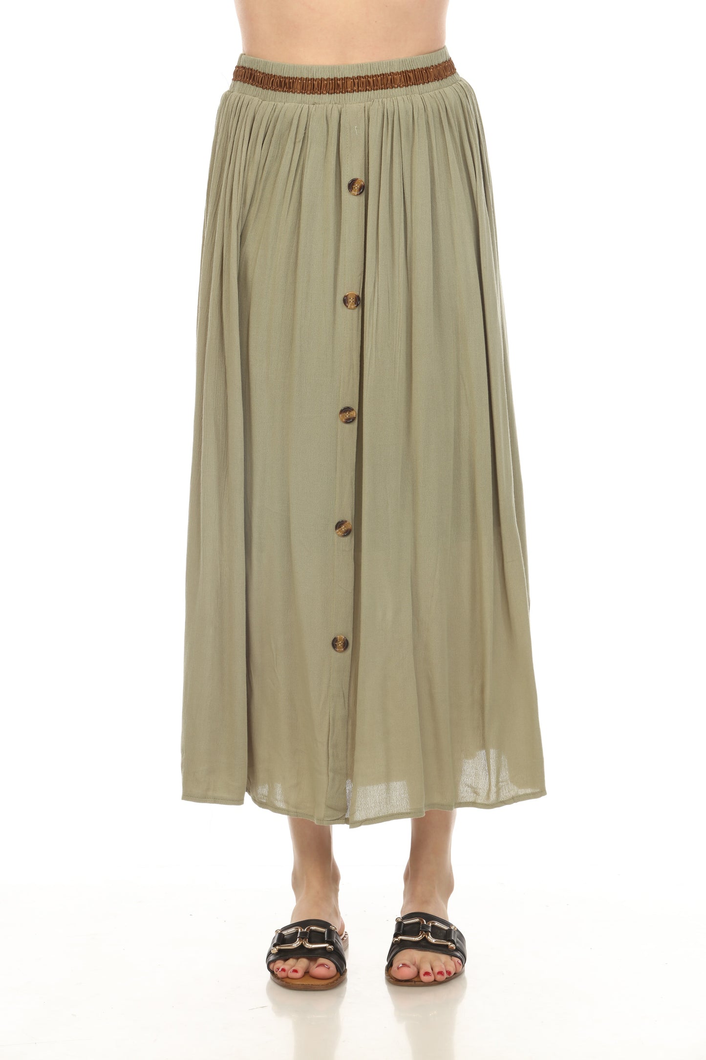 Olive Button Detailed Elastic Waist Skirt
