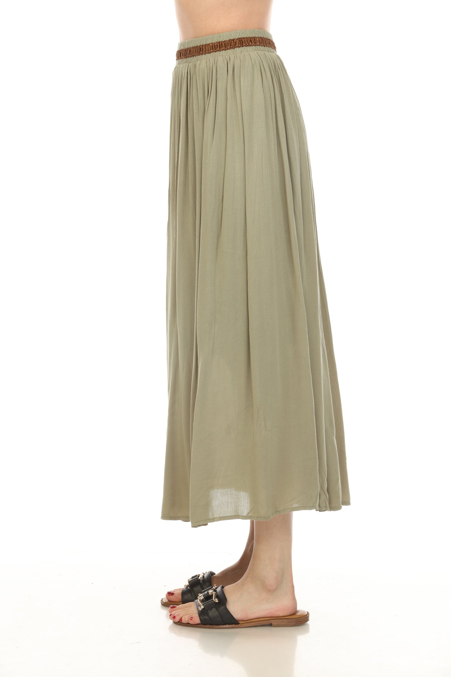 Olive Button Detailed Elastic Waist Skirt