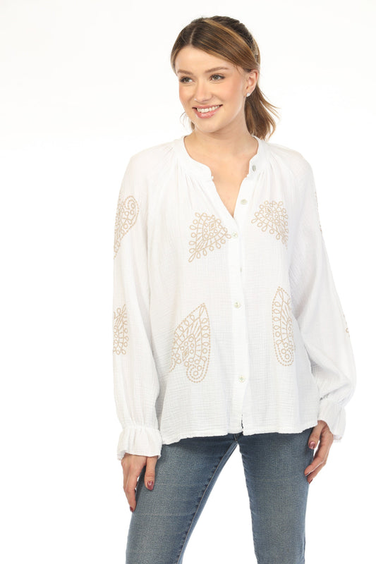 White Beige Printed Full Sleeves Top