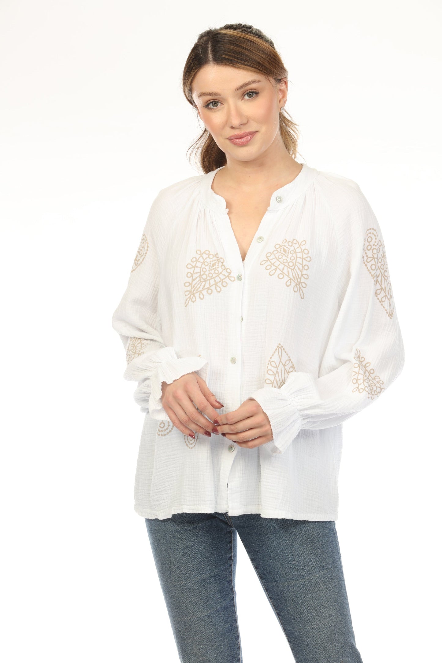 White Beige Printed Full Sleeves Top