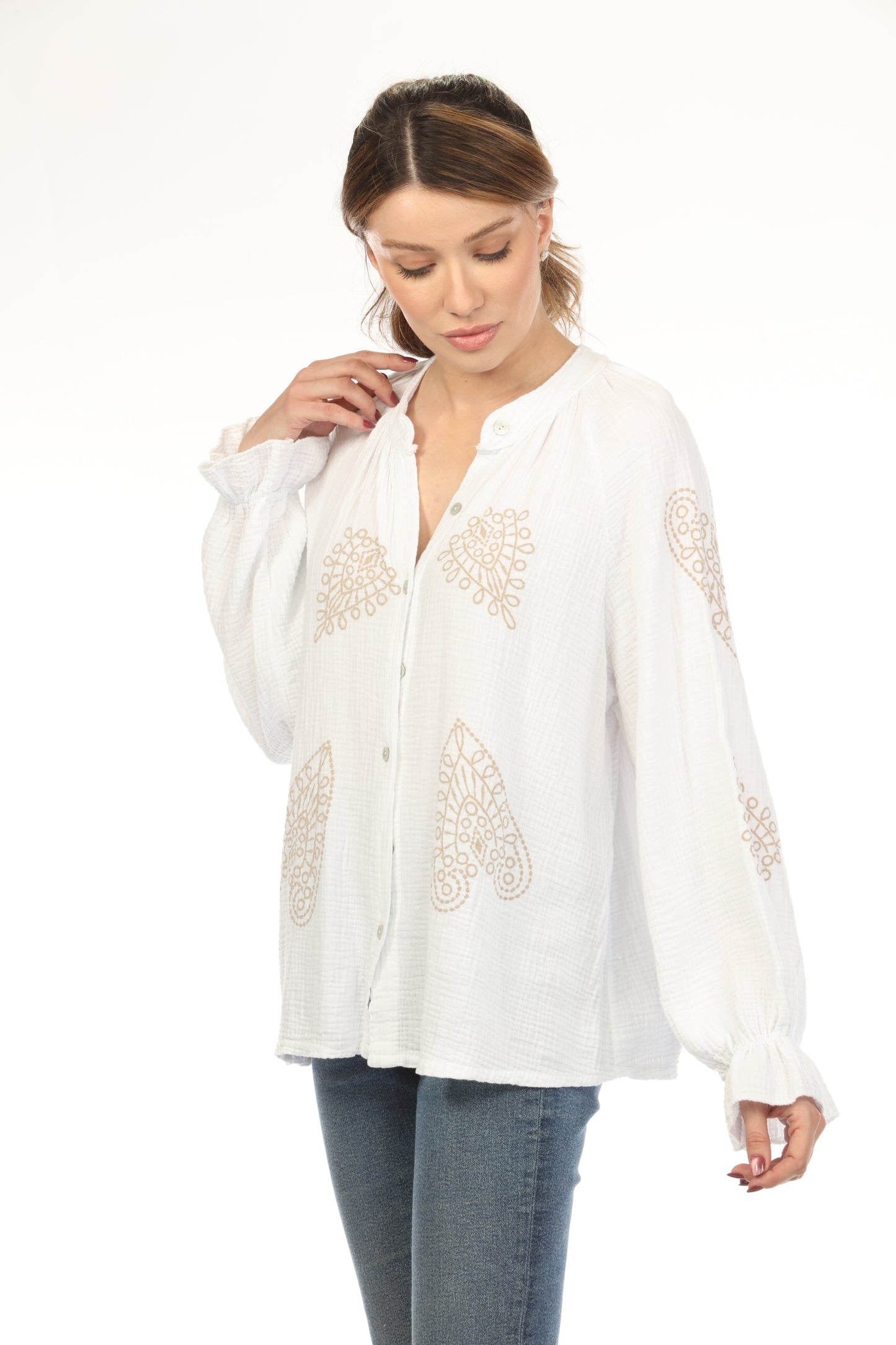 White Beige Printed Full Sleeves Top