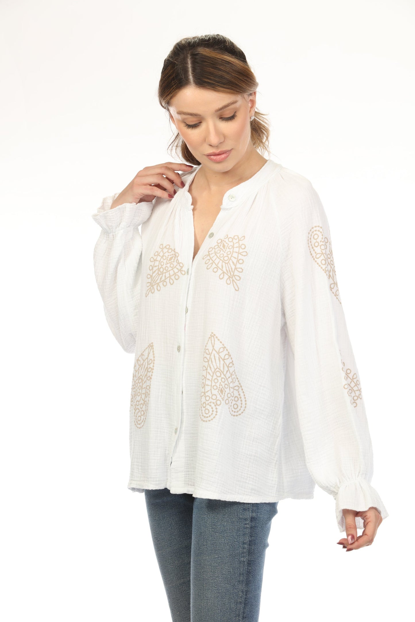 White Beige Printed Full Sleeves Top