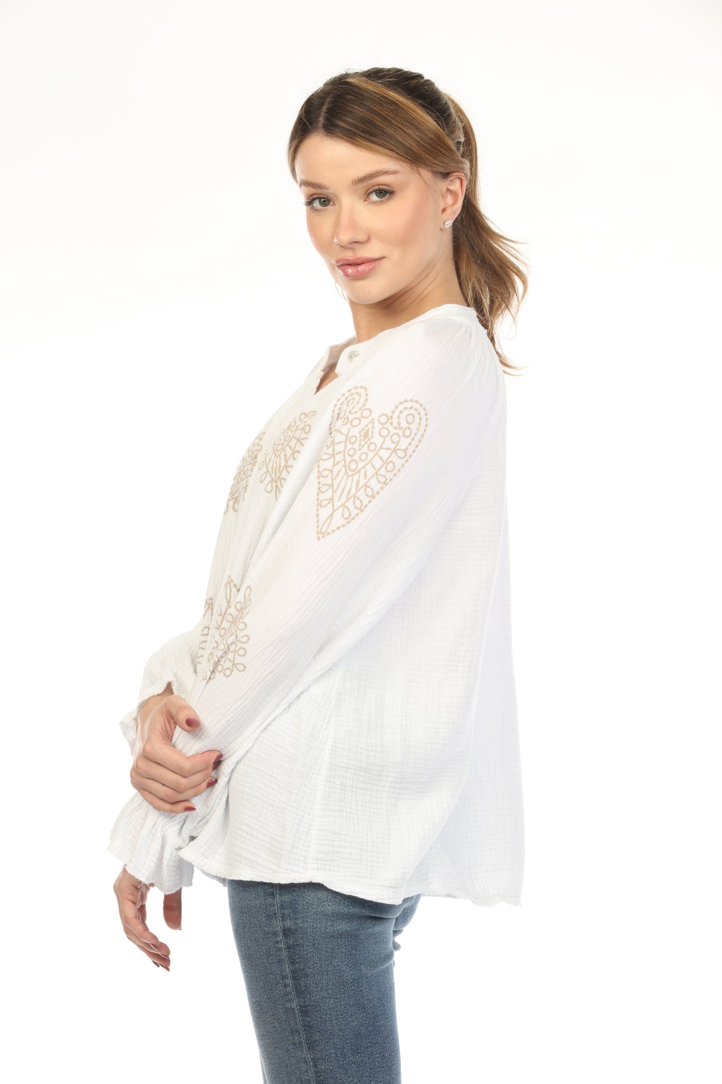 White Beige Printed Full Sleeves Top