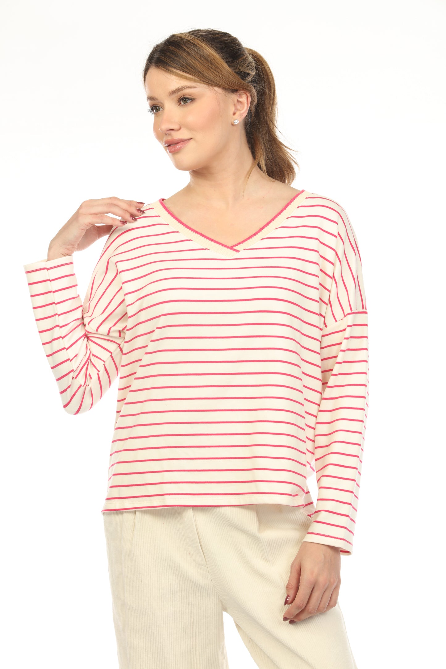 Fushia off white v neck Top CT2835