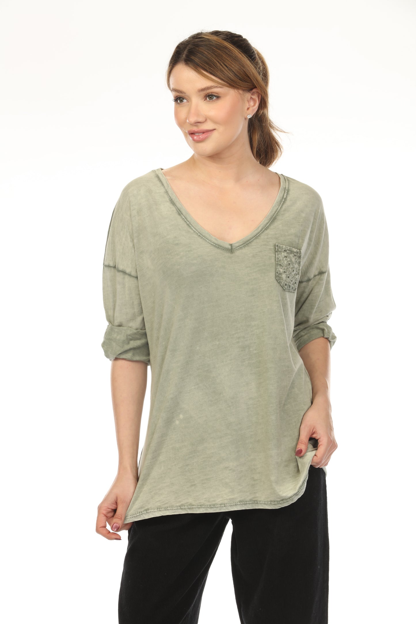 Olive V Neck 100% Cotton Top