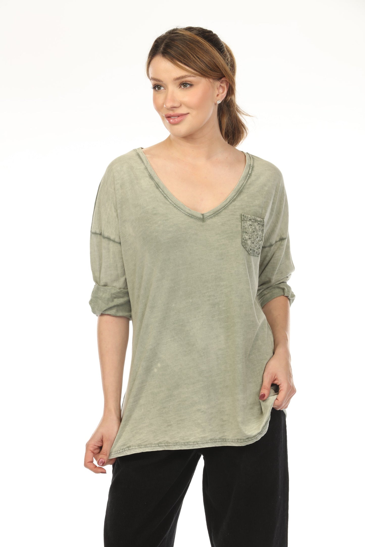 Olive V Neck 100% Cotton Top