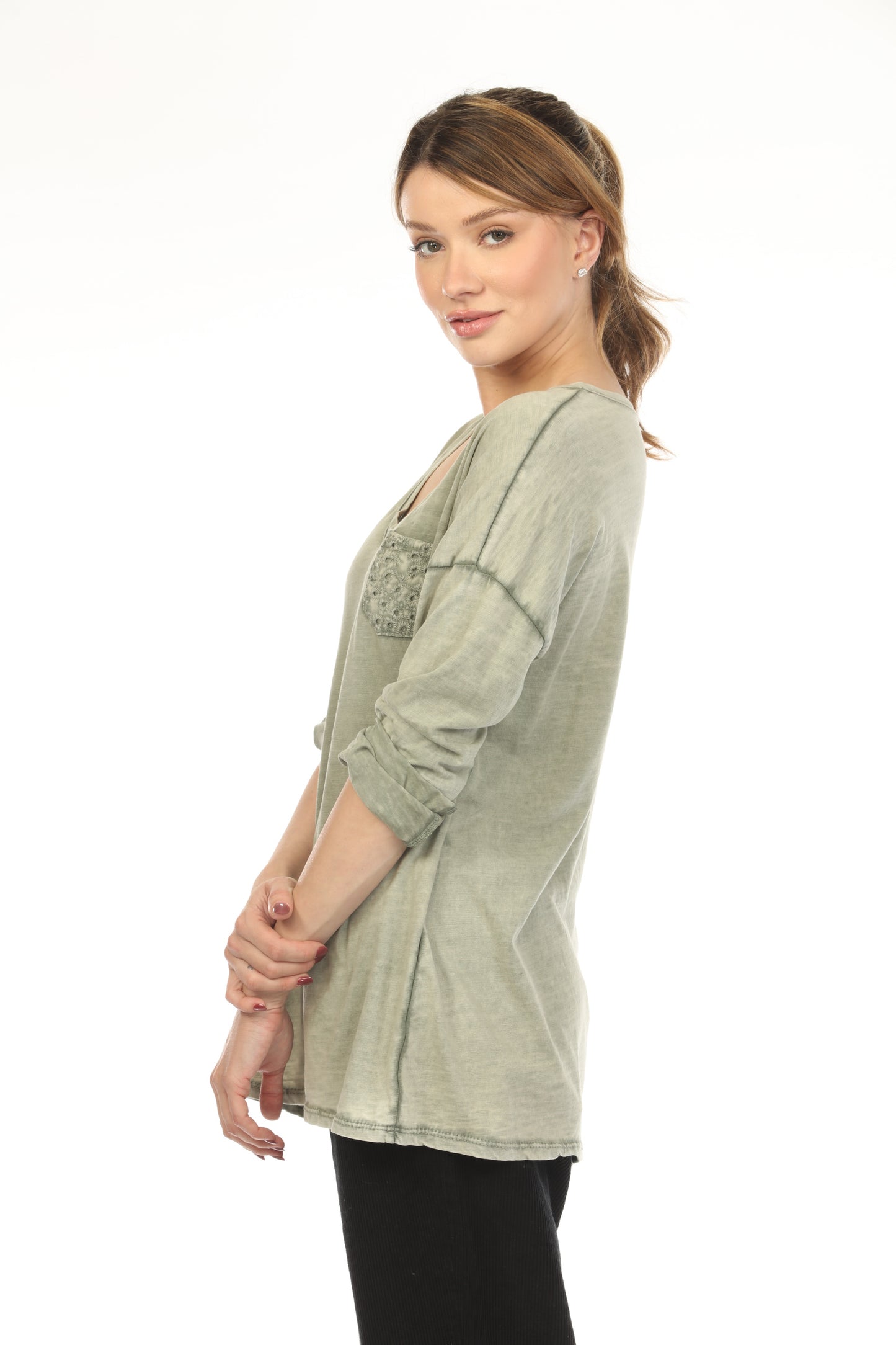 Olive V Neck 100% Cotton Top