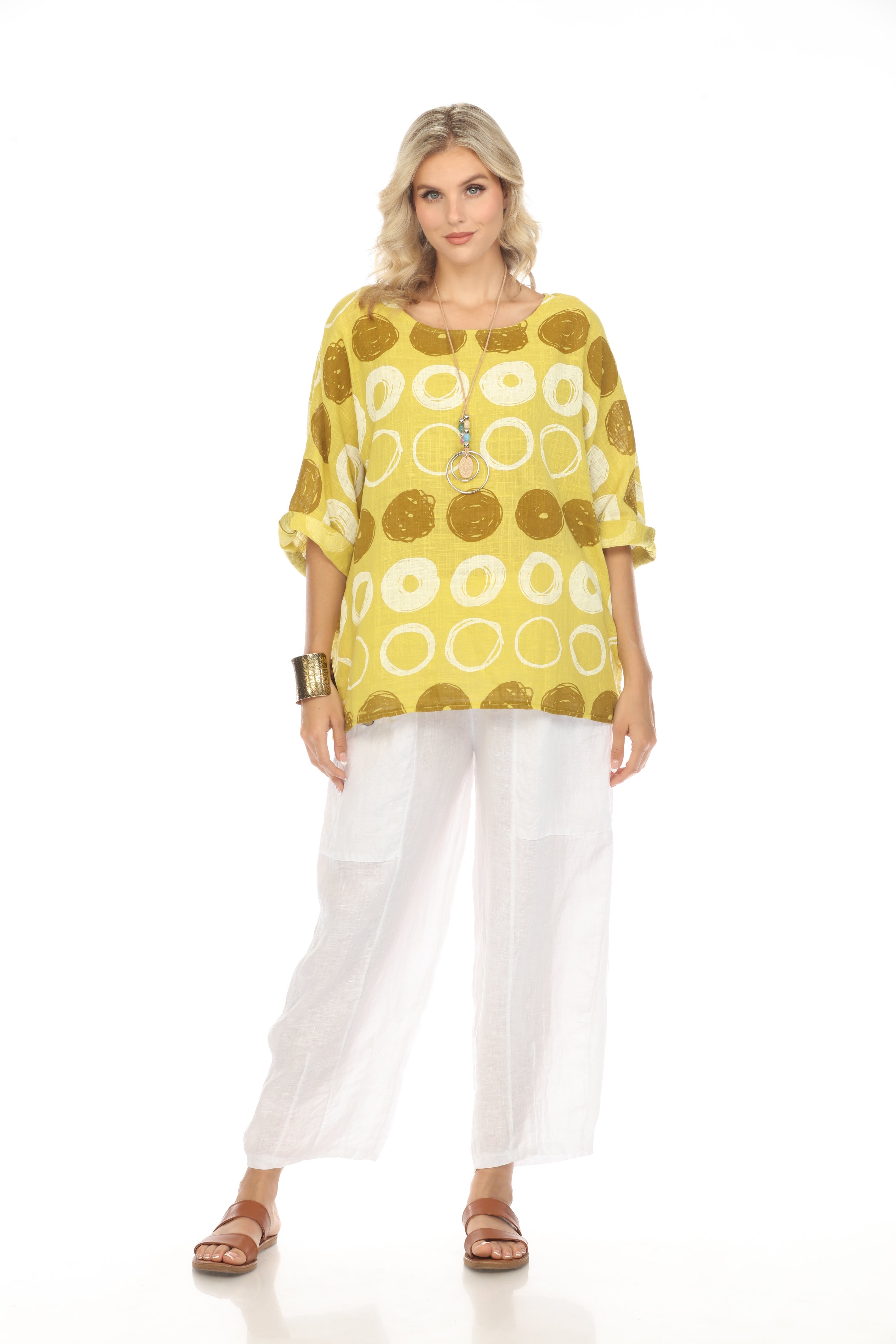 Mustard Circular Patterned Boat Neck Top