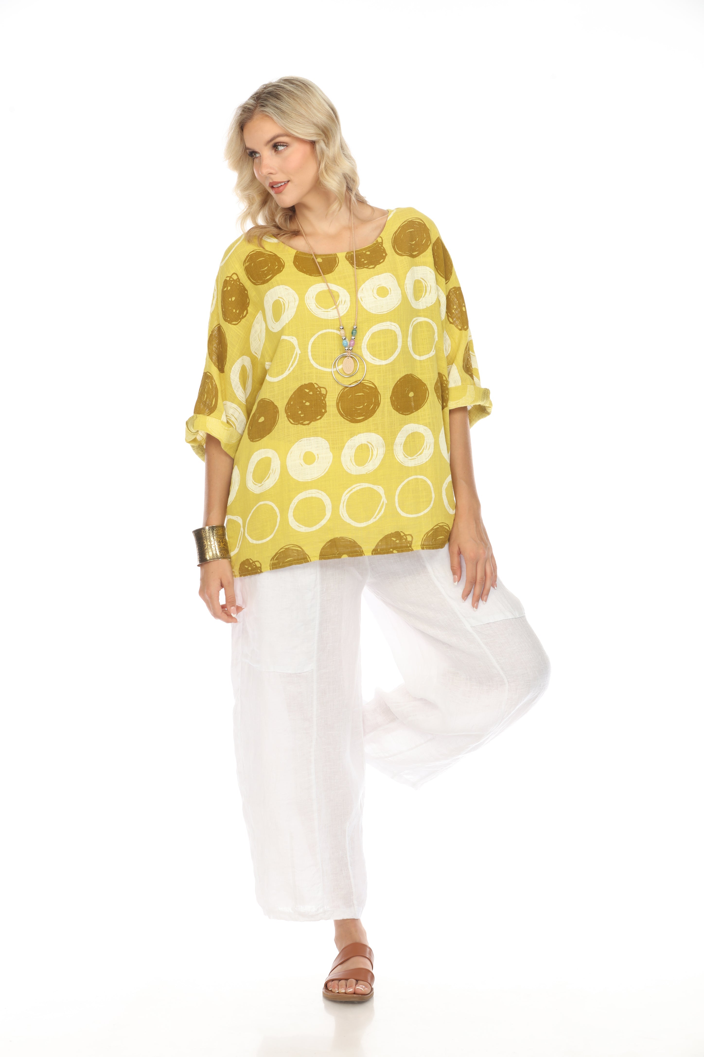 Mustard Circular Patterned Boat Neck Top