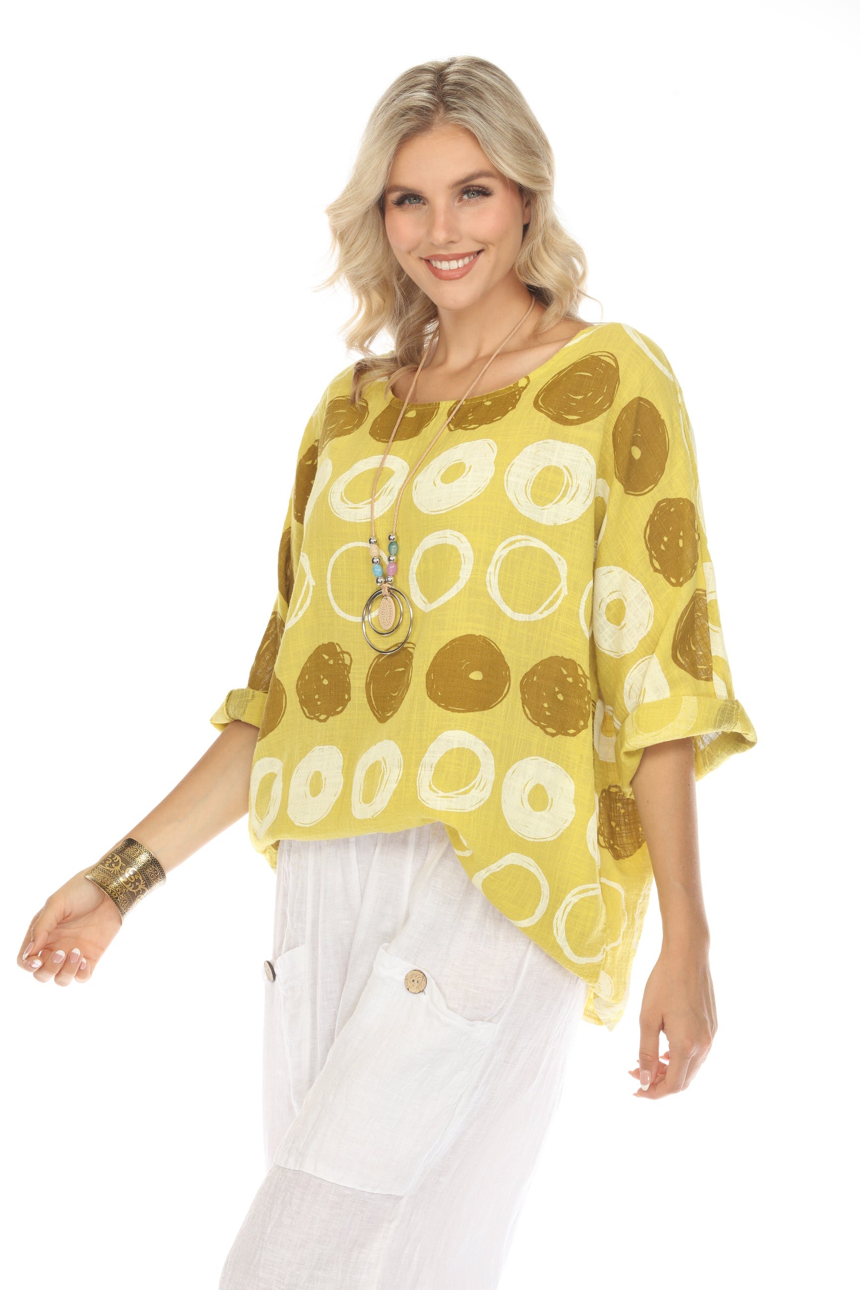 Mustard Circular Patterned Boat Neck Top