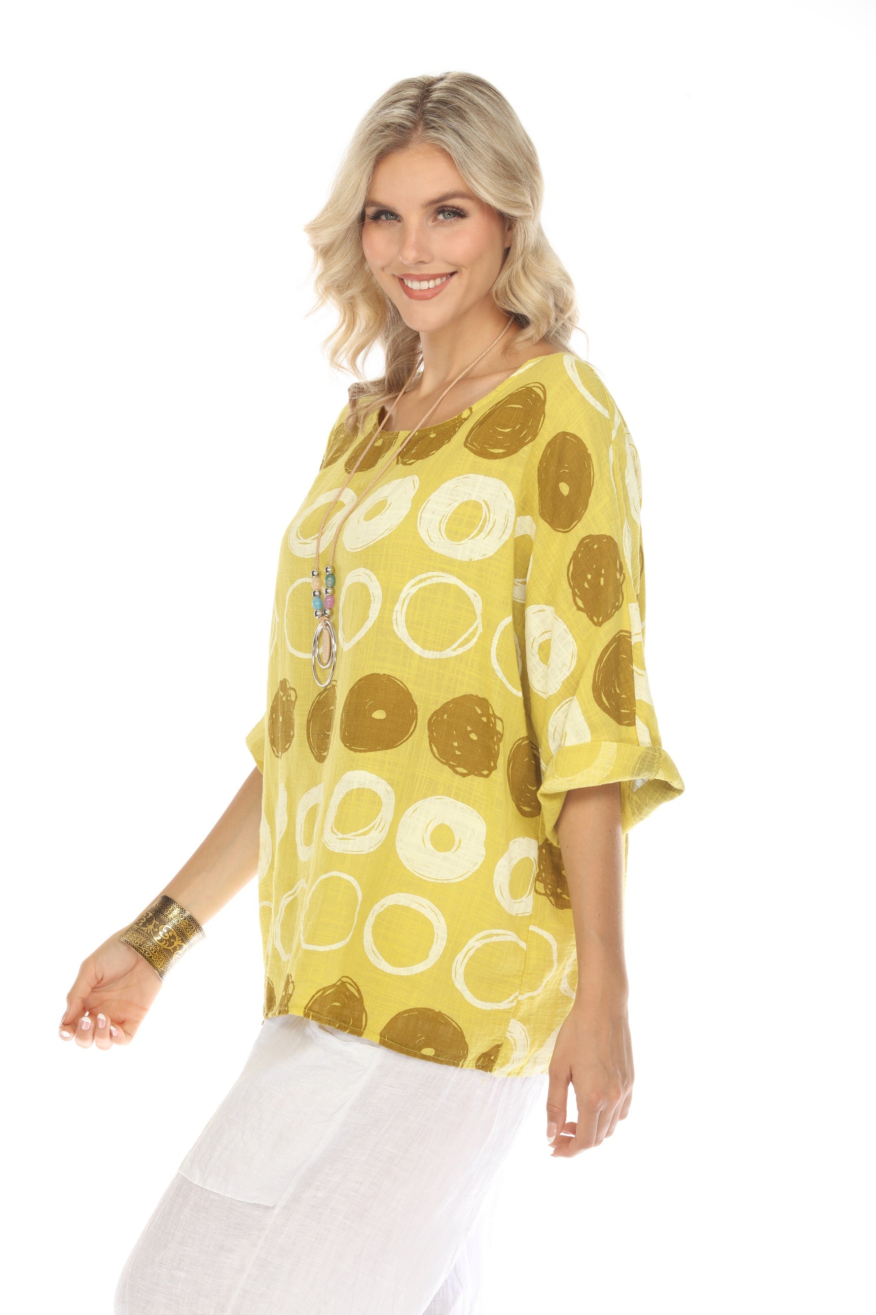 Mustard Circular Patterned Boat Neck Top