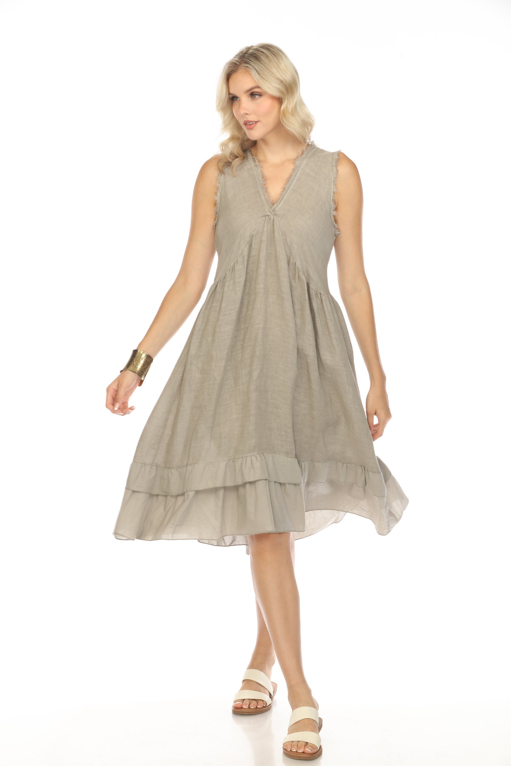 Taupe Frayed Style Ruffle Hem Dress