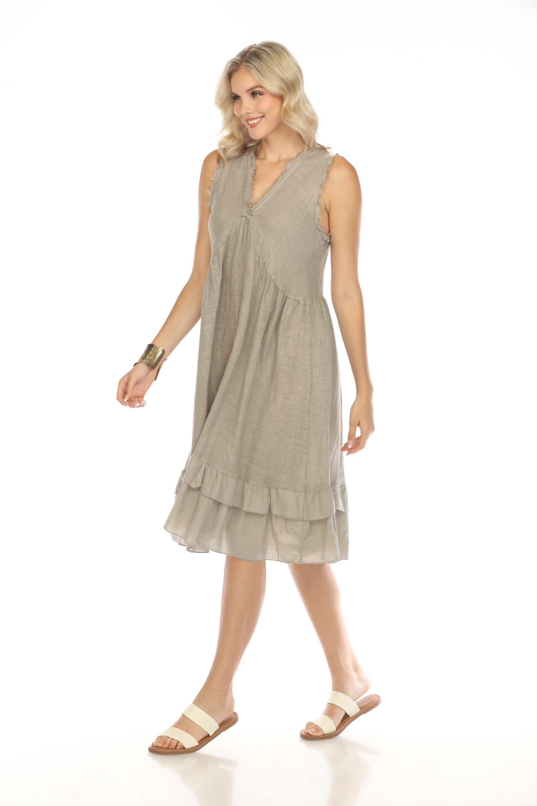 Taupe Frayed Style Ruffle Hem Dress