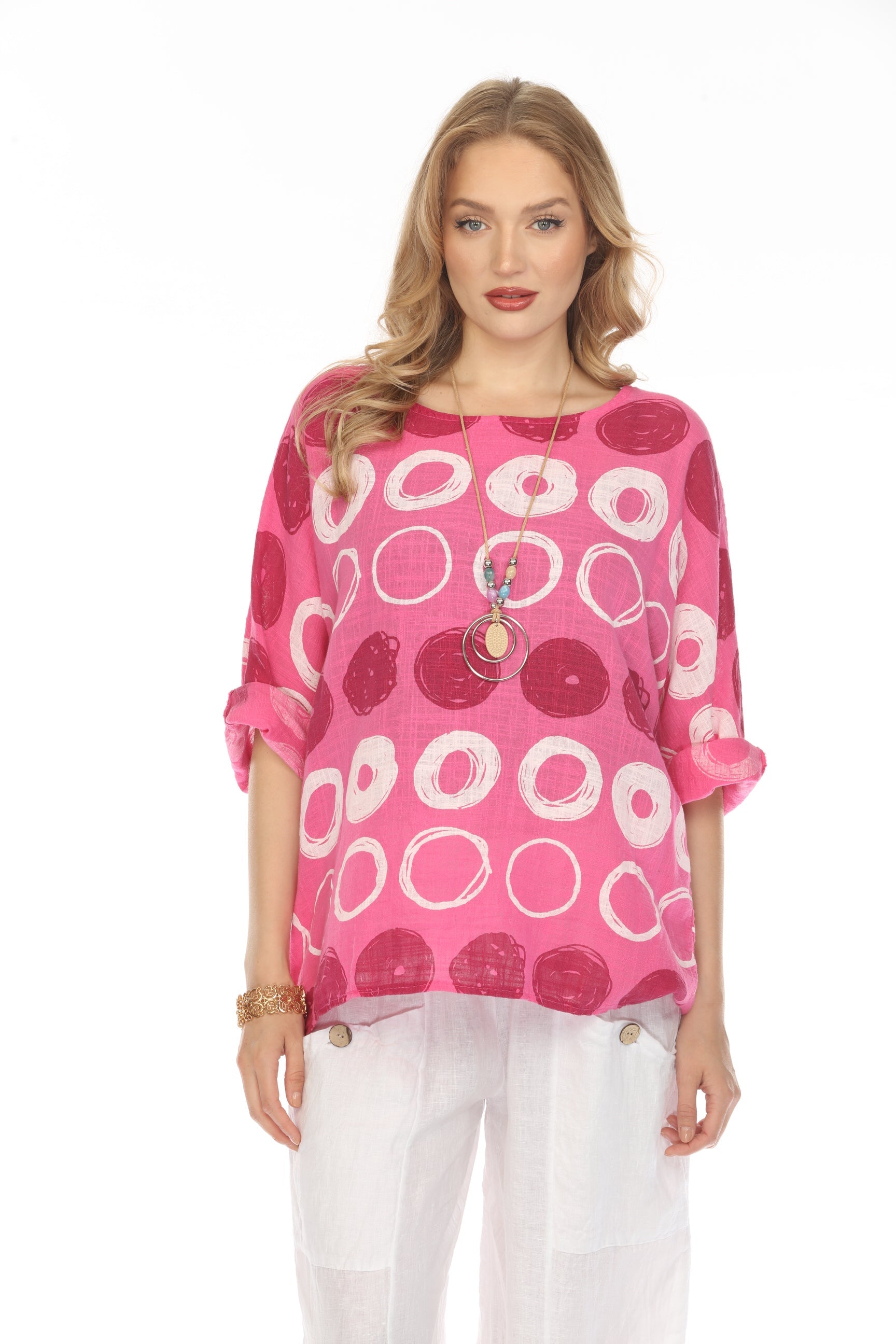 Fuchsia Circular Patterned Boat Neck Top