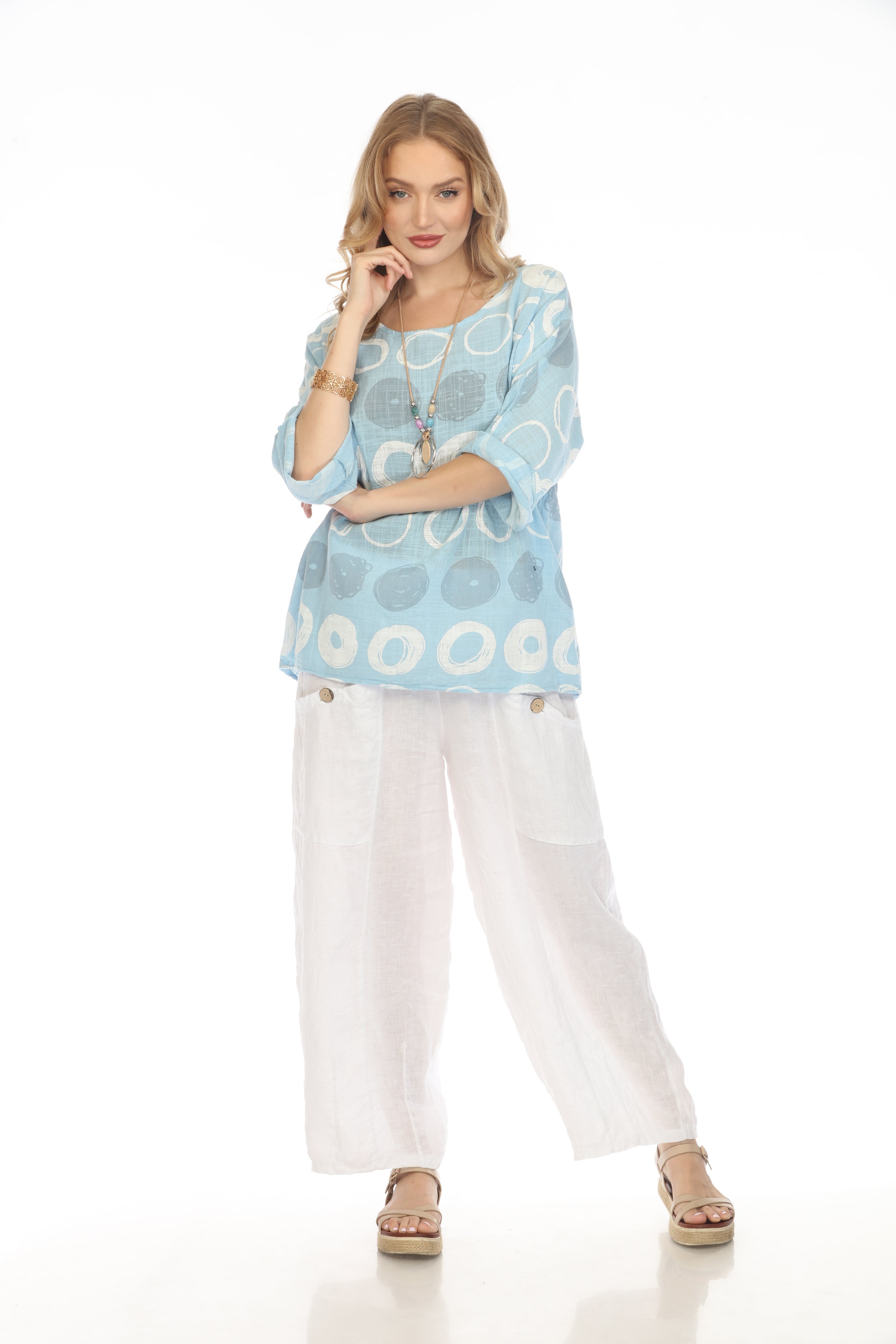 Light Blue Circular Patterned Boat Neck Top