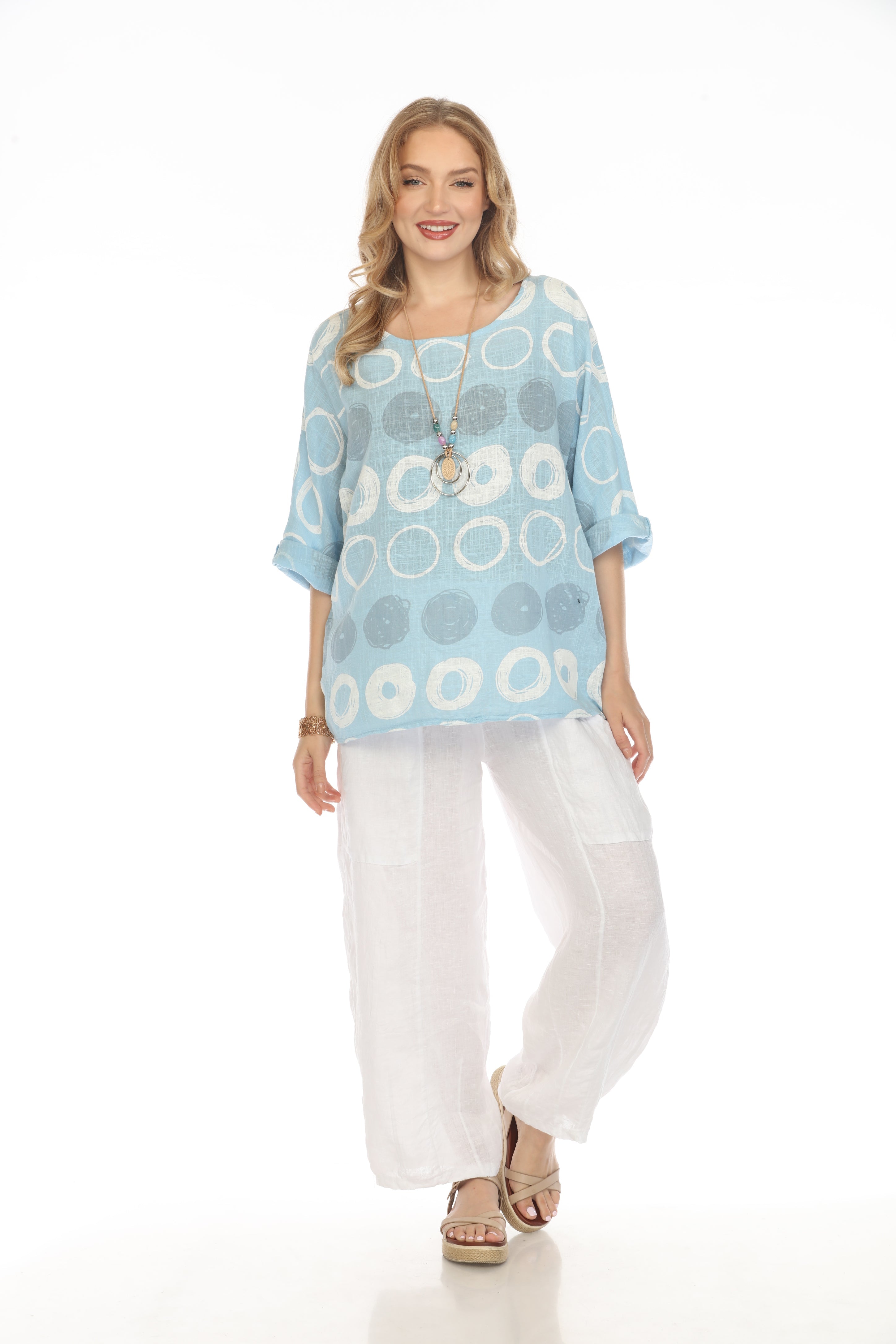 Light Blue Circular Patterned Boat Neck Top