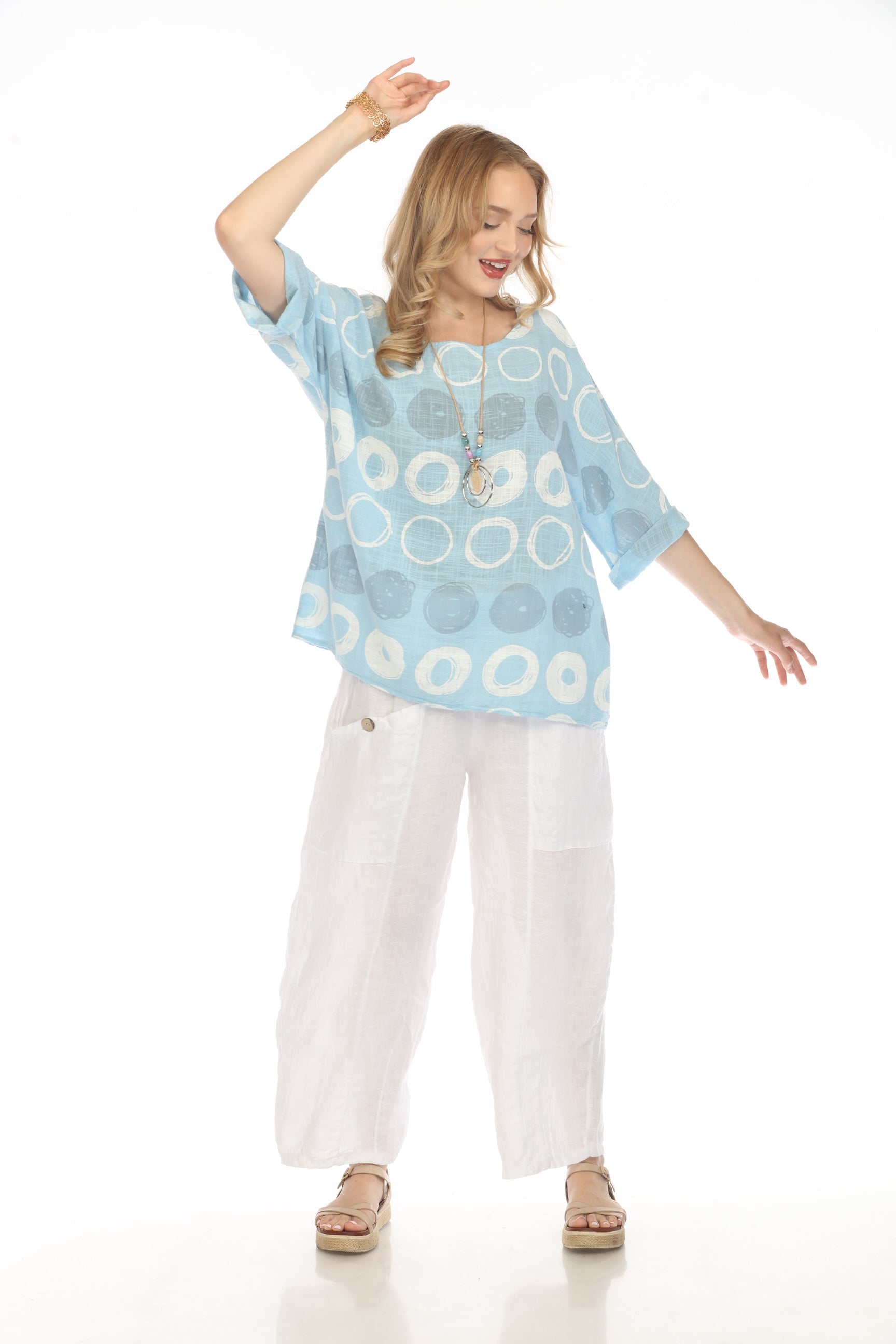 Light Blue Circular Patterned Boat Neck Top