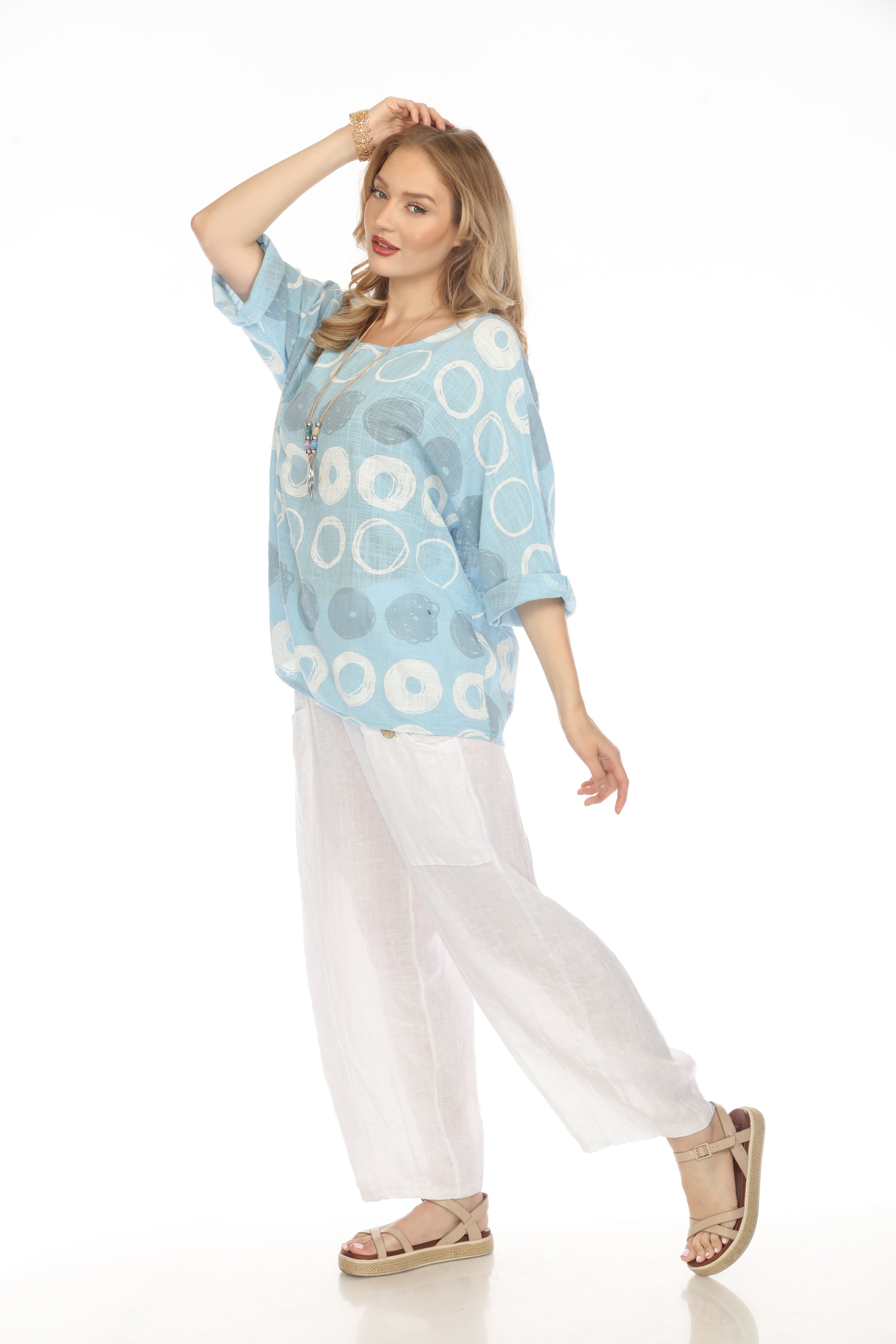 Light Blue Circular Patterned Boat Neck Top