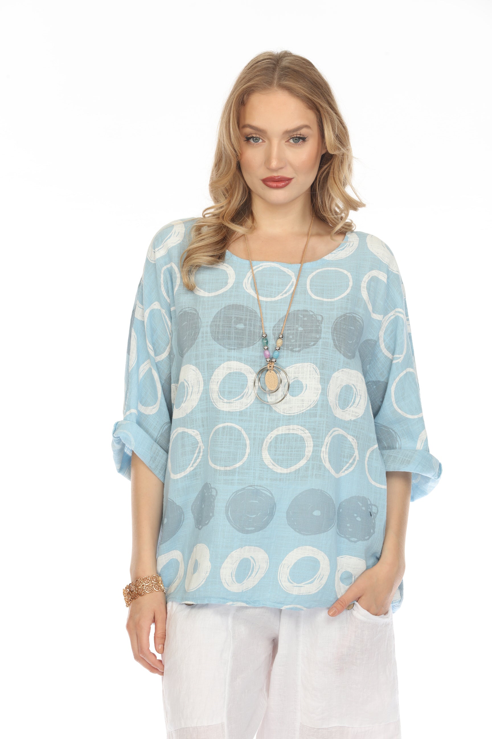 Light Blue Circular Patterned Boat Neck Top