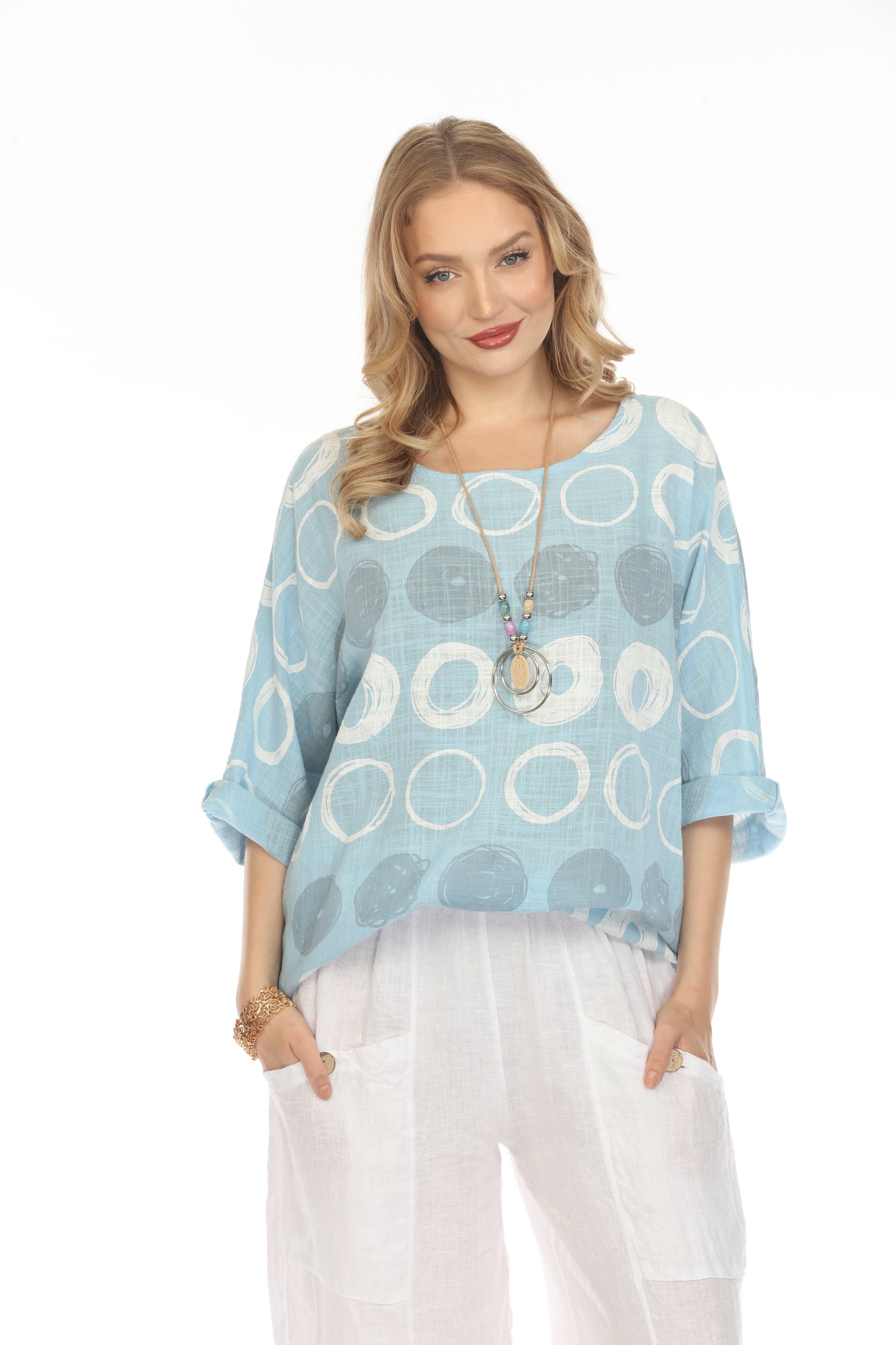 Light Blue Circular Patterned Boat Neck Top