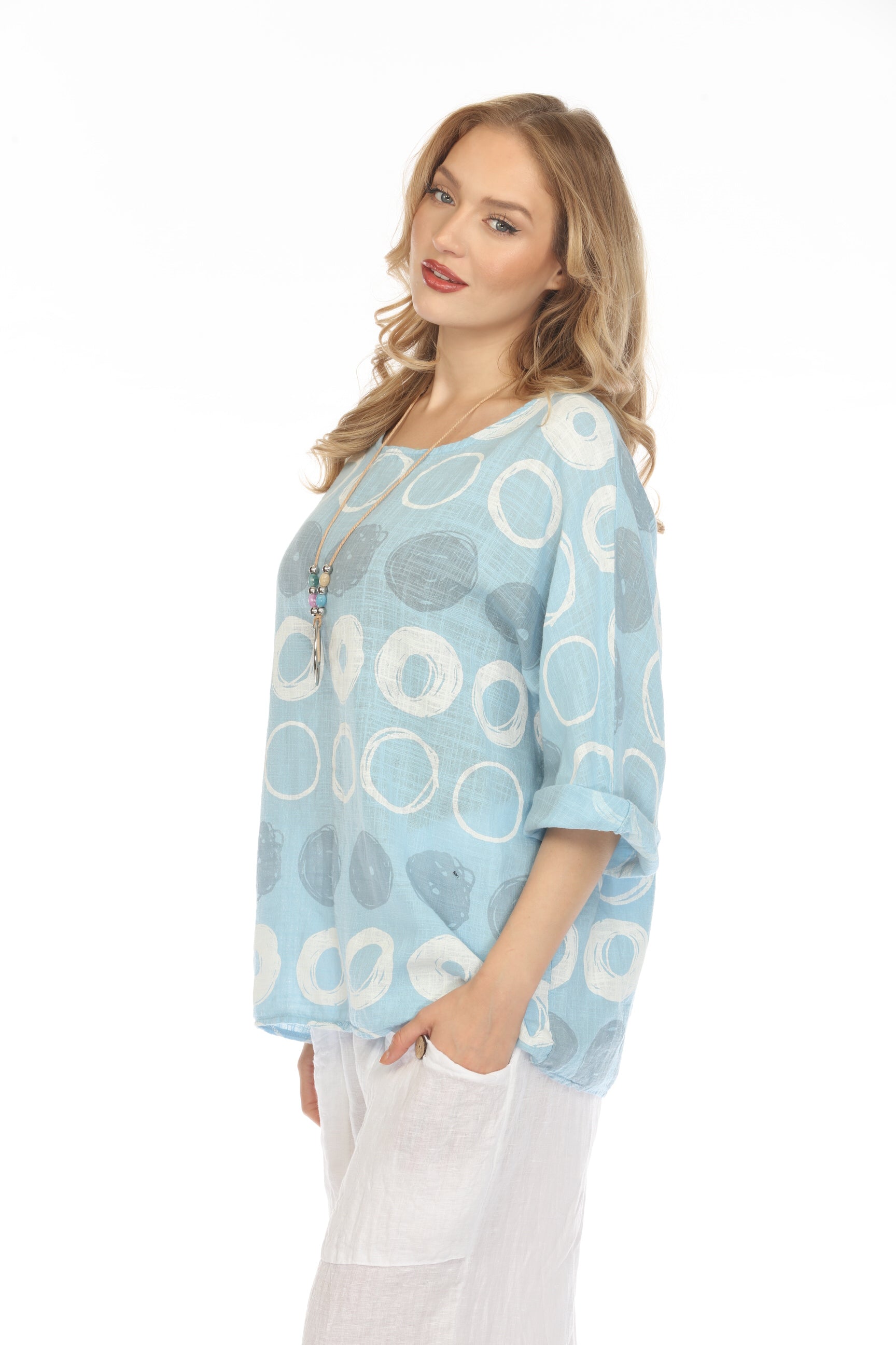 Light Blue Circular Patterned Boat Neck Top