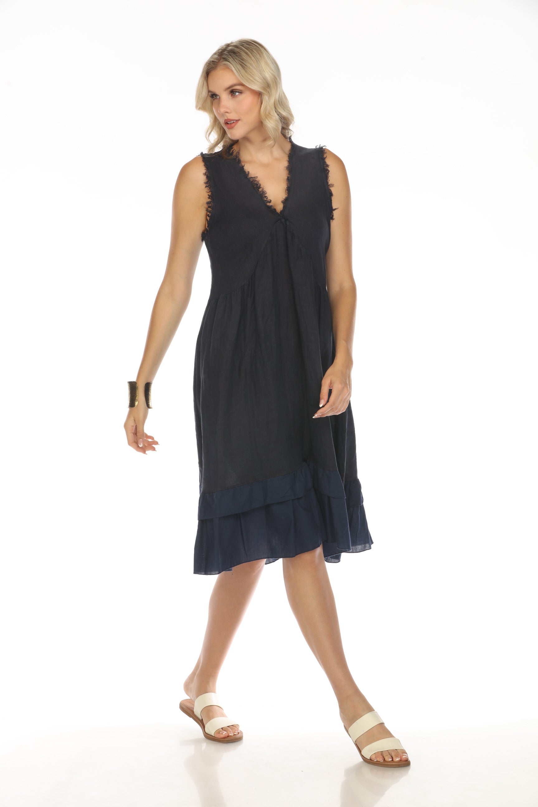 Navy Frayed Style Ruffle Hem Dress