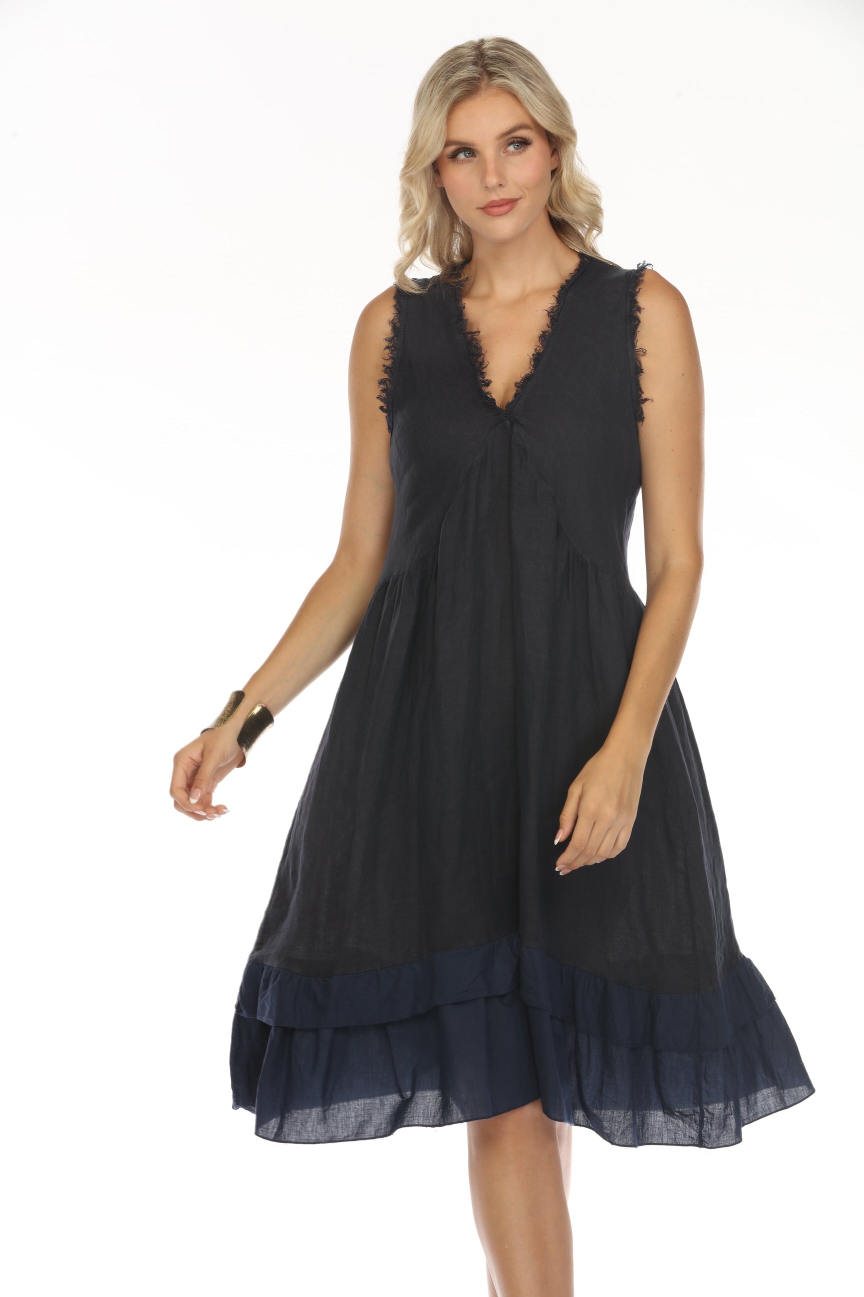 Navy Frayed Style Ruffle Hem Dress