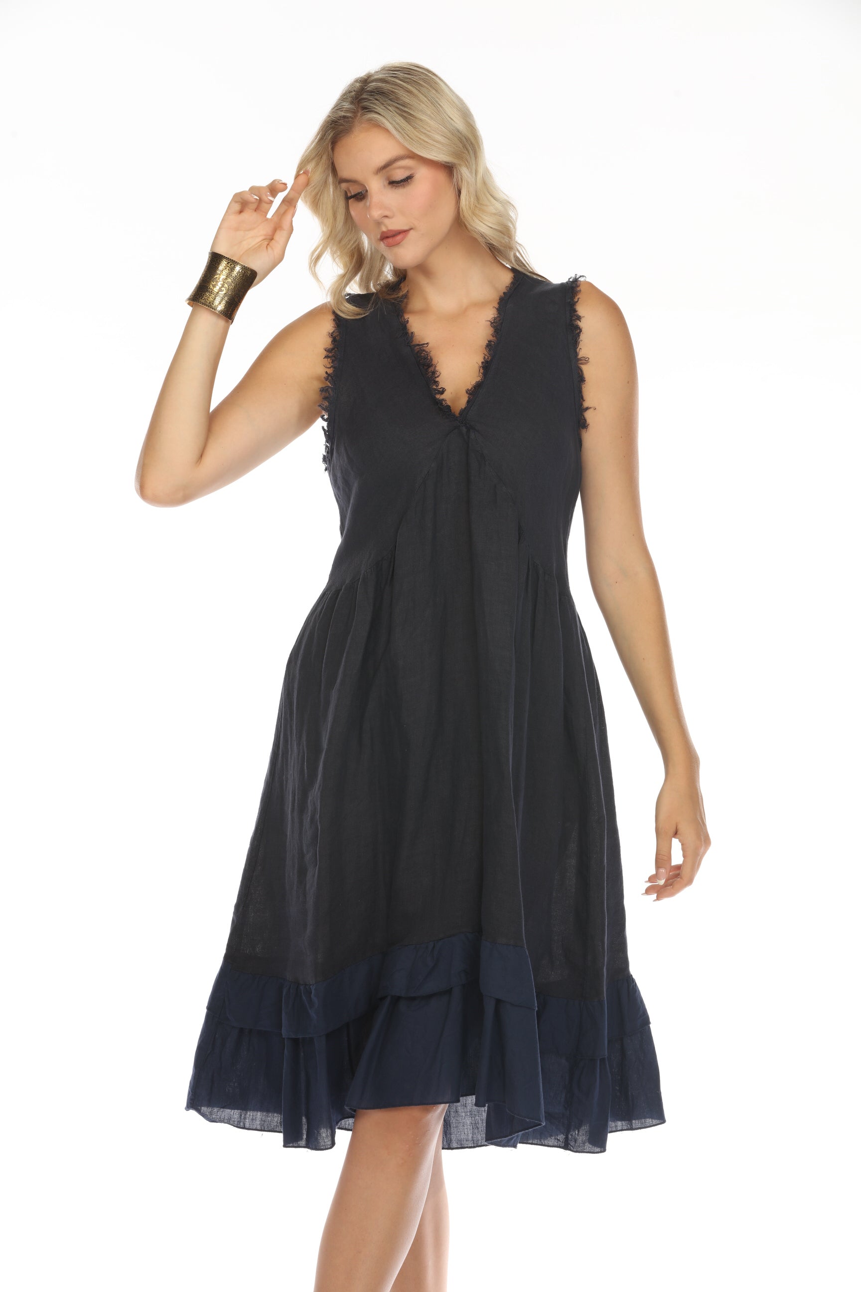 Navy Frayed Style Ruffle Hem Dress