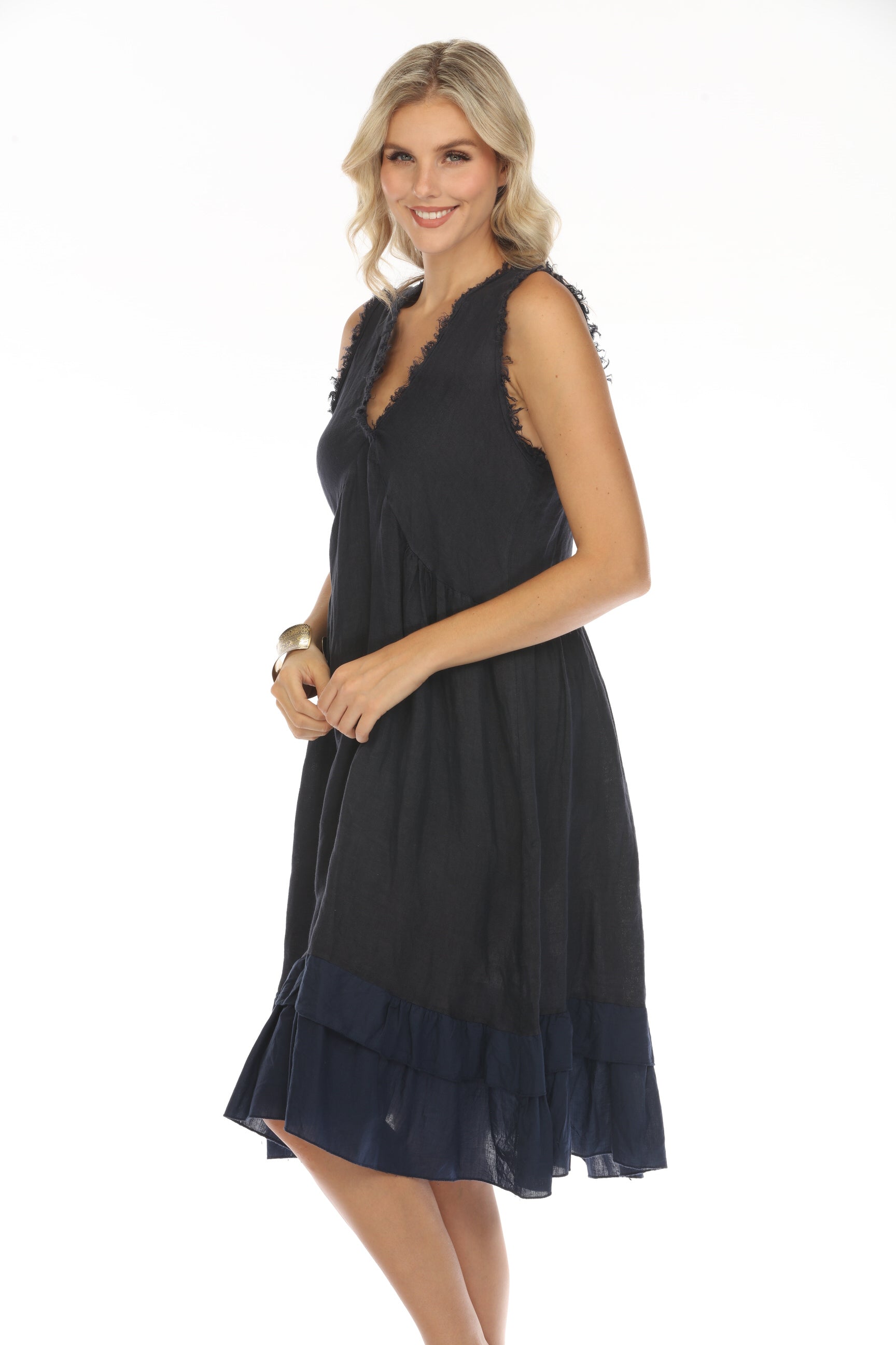 Navy Frayed Style Ruffle Hem Dress