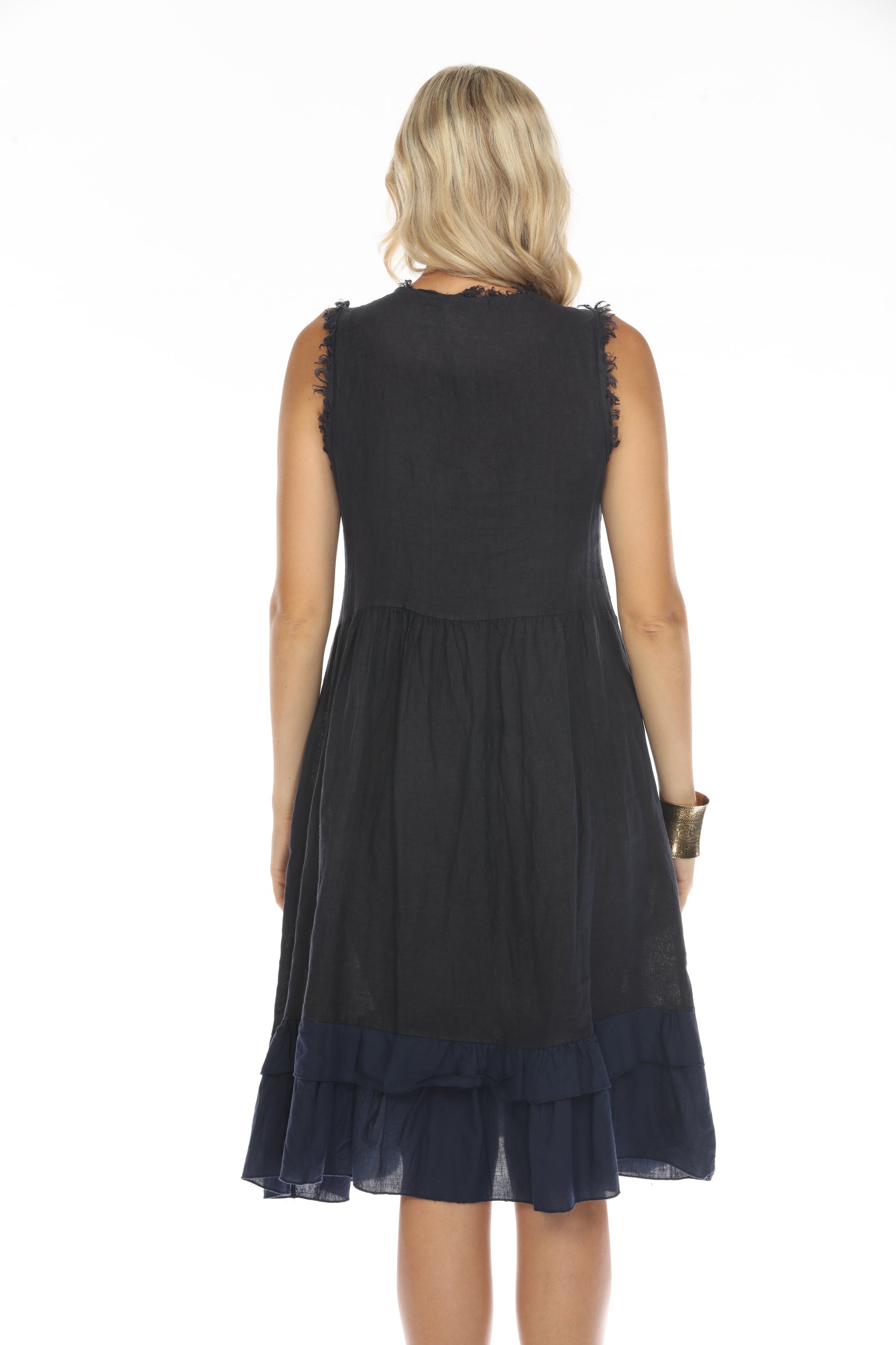 Navy Frayed Style Ruffle Hem Dress