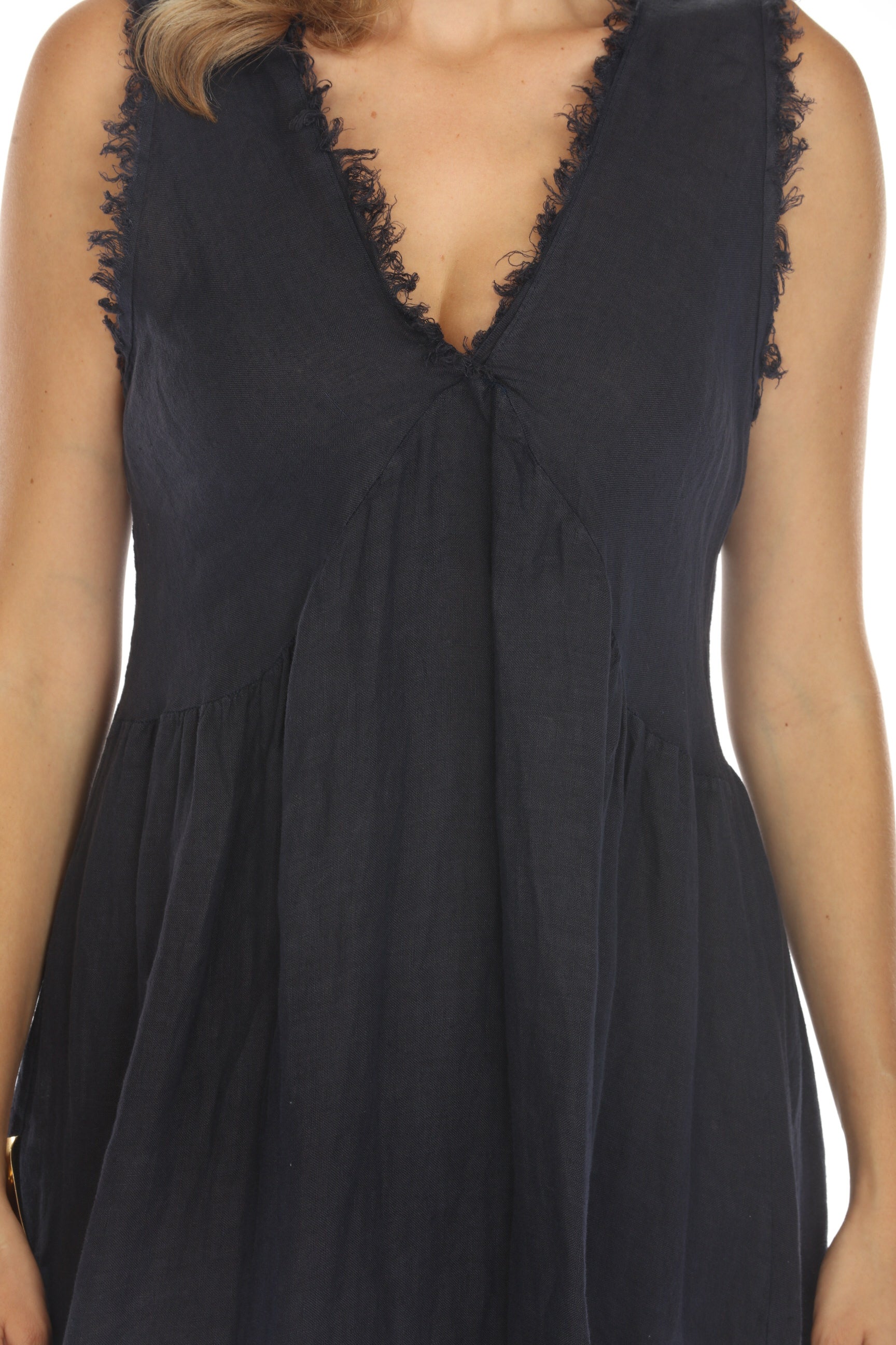 Navy Frayed Style Ruffle Hem Dress