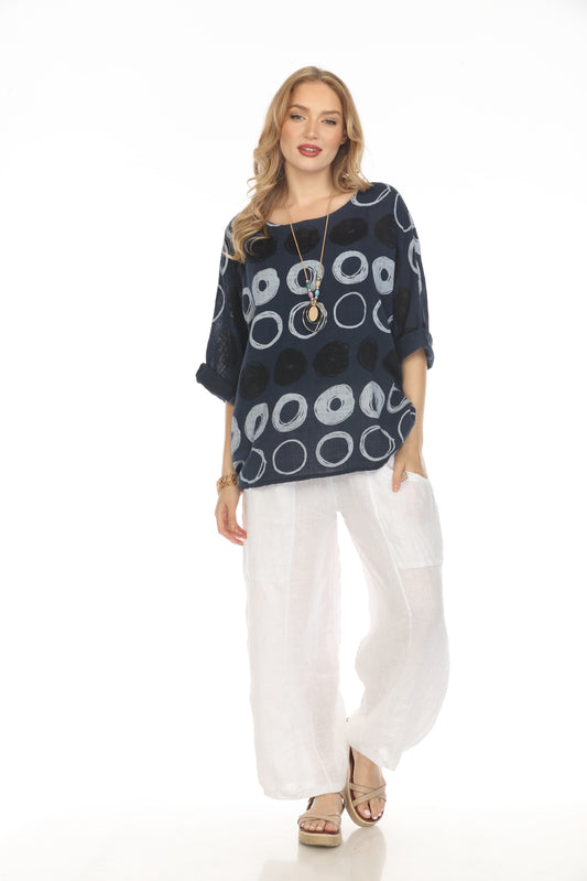 Navy Circular Patterned Boat Neck Top