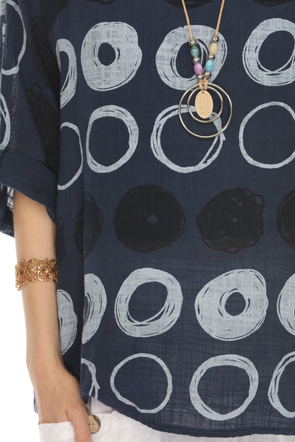 Navy Circular Patterned Boat Neck Top