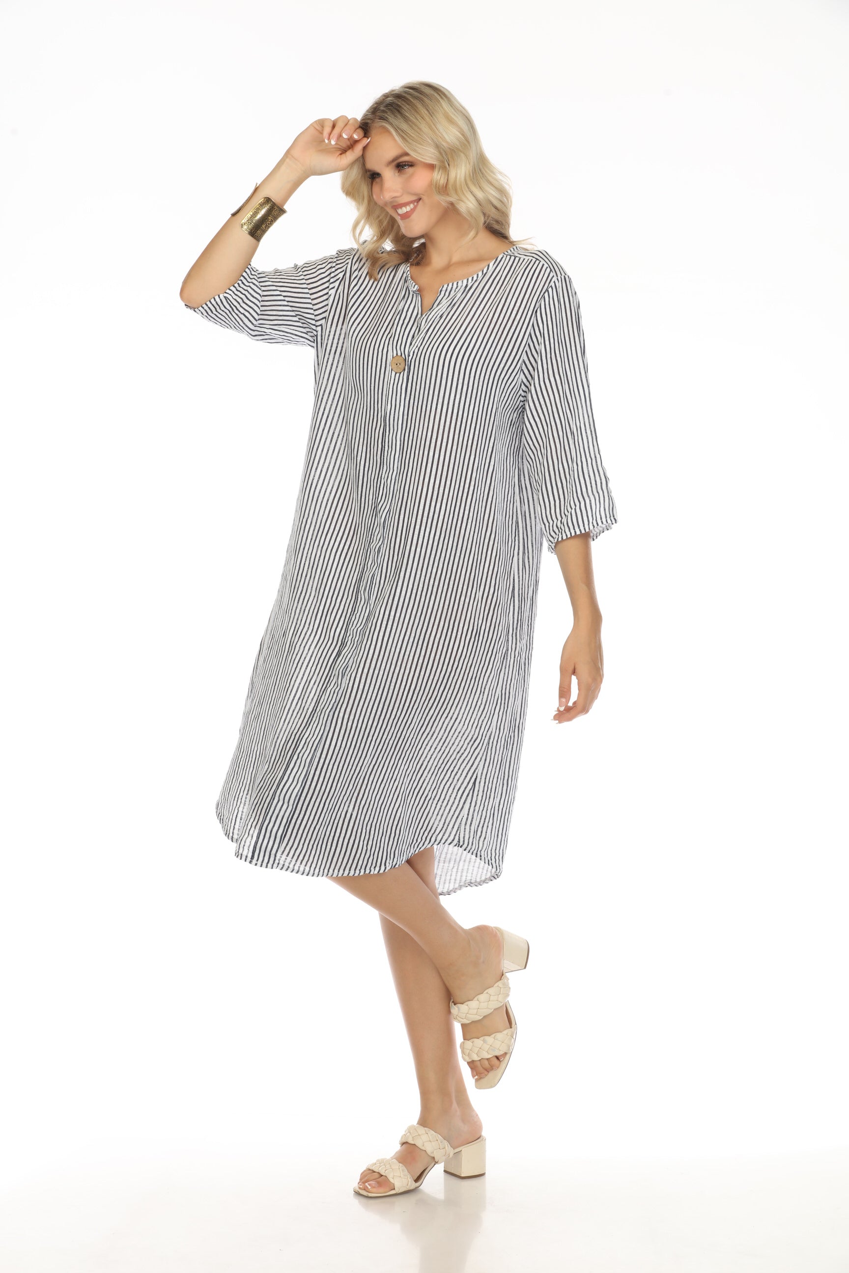 Navy Striped Quarter Sleeves Dress