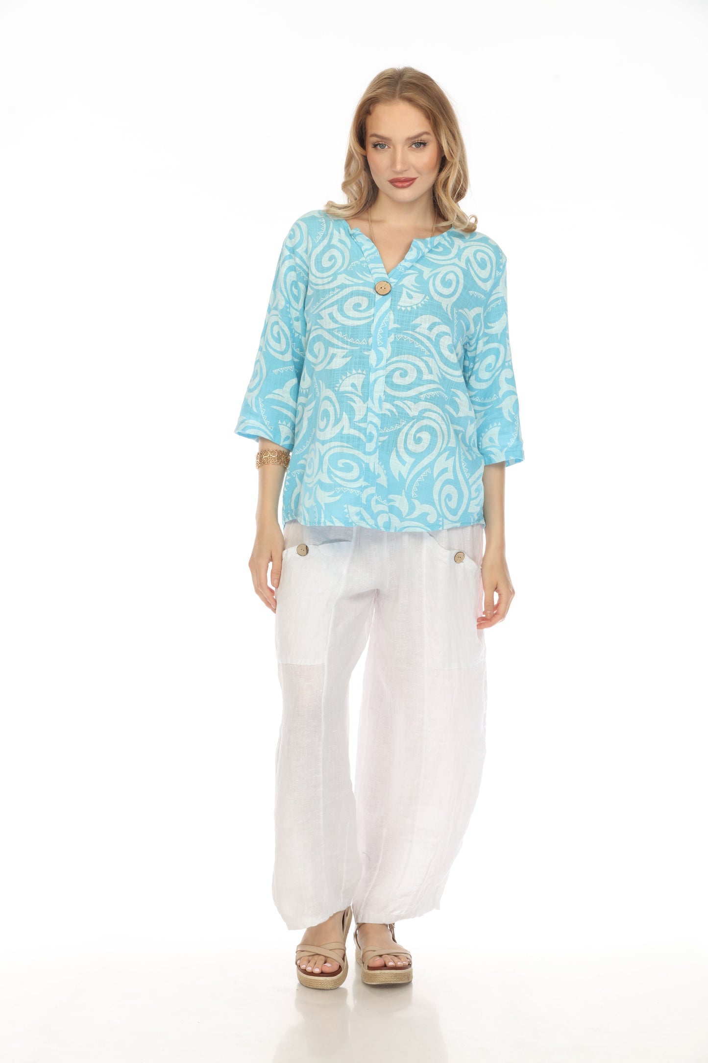 Ocean Blue Spiral Print V-Neck Button Detail Top