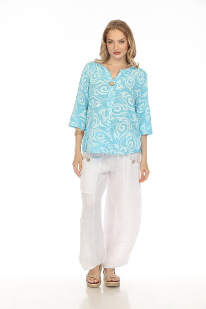 Ocean Blue Spiral Print V-Neck Button Detail Top
