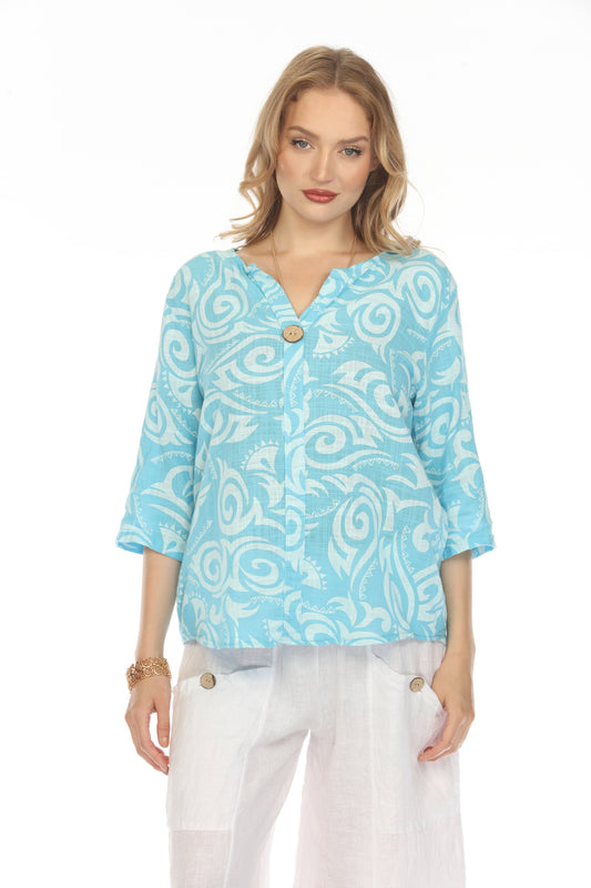 Ocean Blue Spiral Print V-Neck Button Detail Top