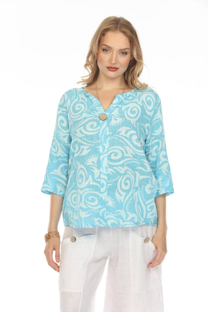 Ocean Blue Spiral Print V-Neck Button Detail Top