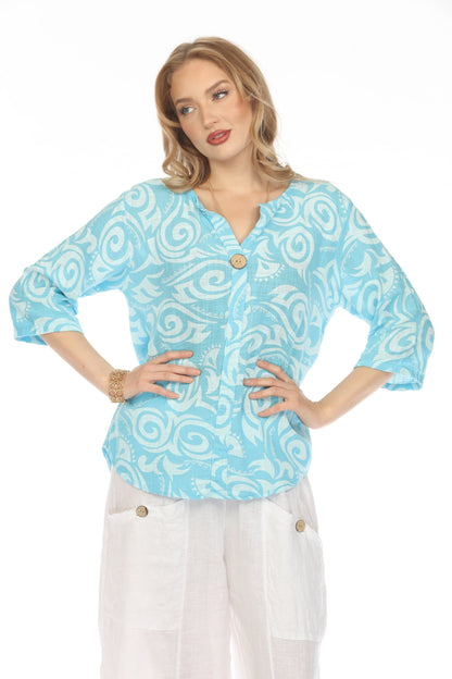 Ocean Blue Spiral Print V-Neck Button Detail Top