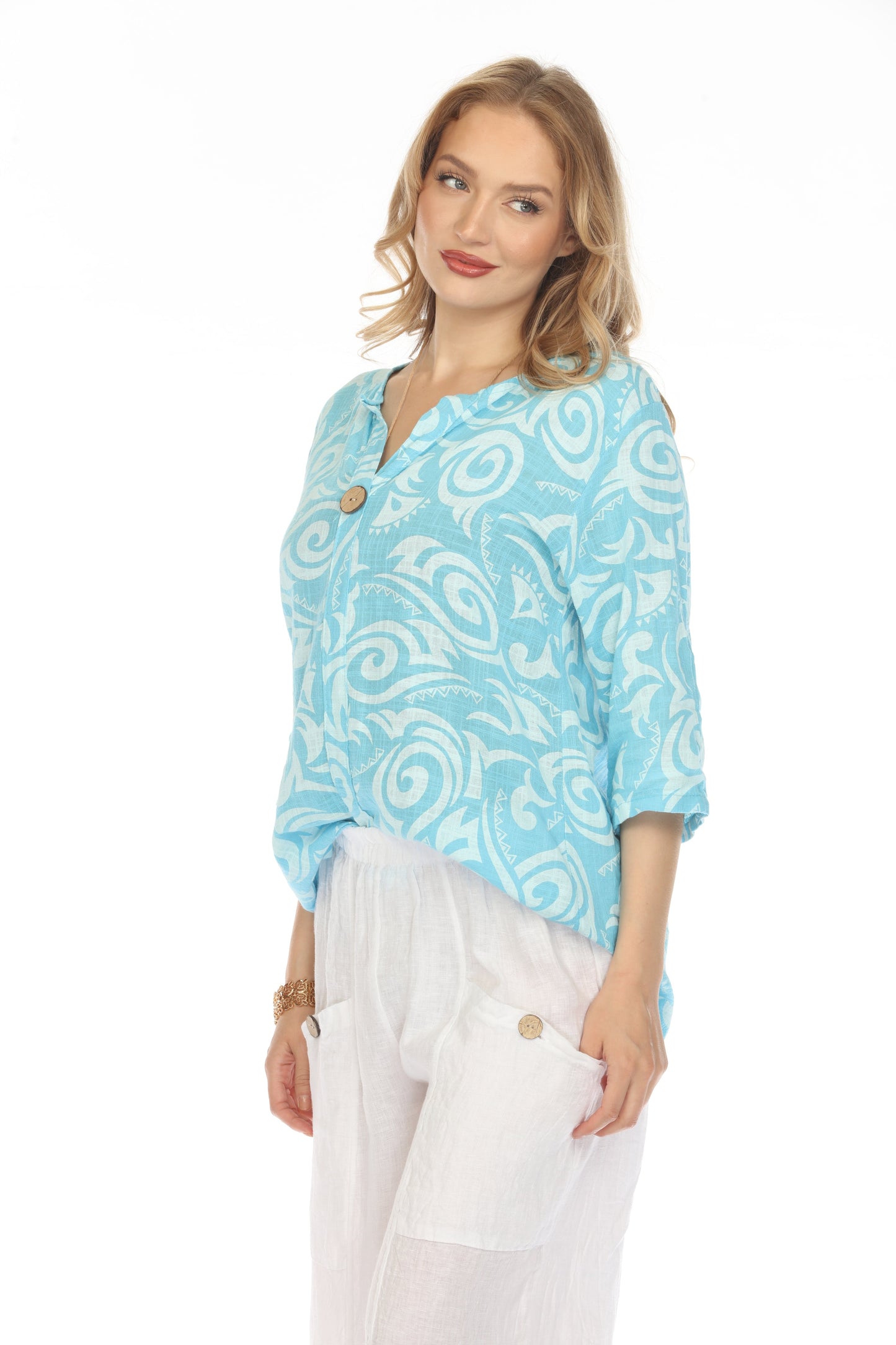Ocean Blue Spiral Print V-Neck Button Detail Top