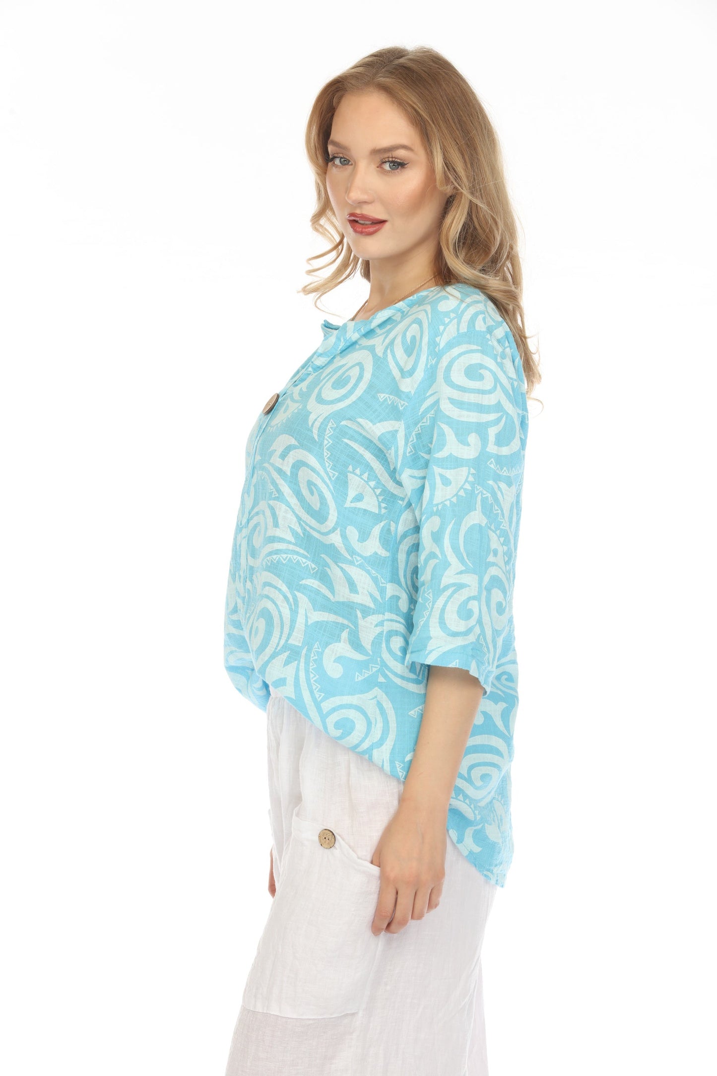 Ocean Blue Spiral Print V-Neck Button Detail Top