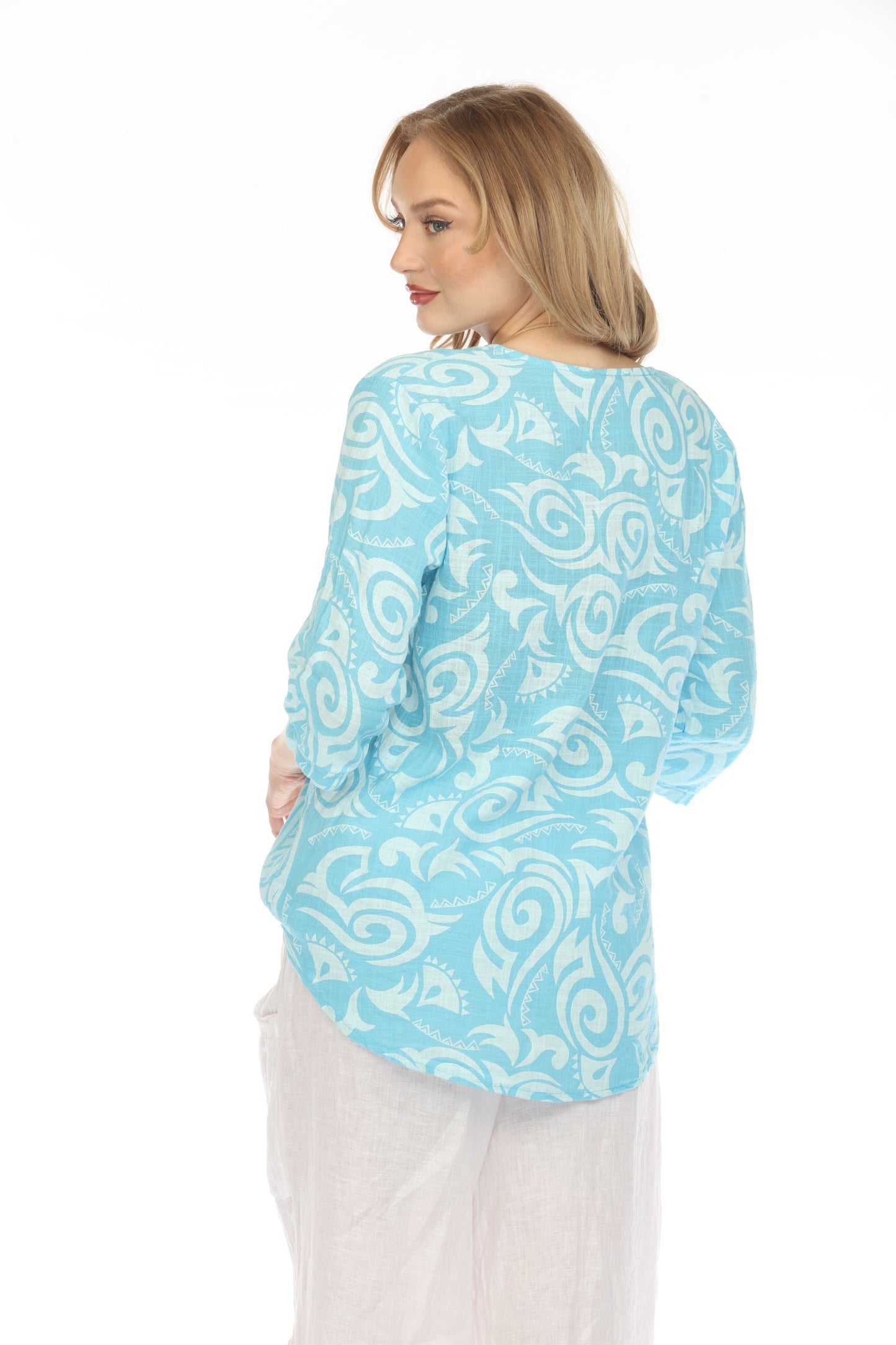 Ocean Blue Spiral Print V-Neck Button Detail Top