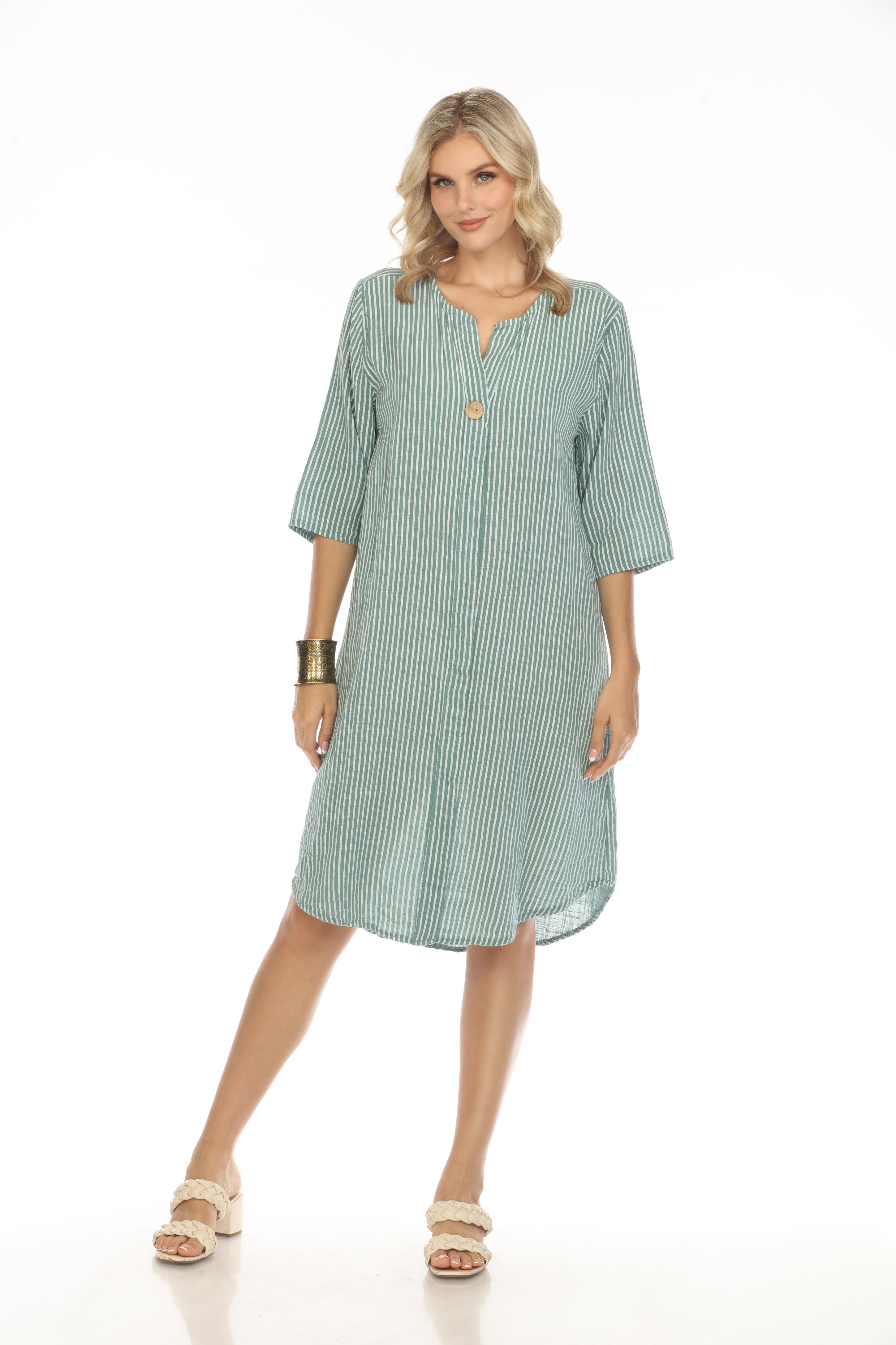 Fern Green Striped Quarter Sleeves Dress