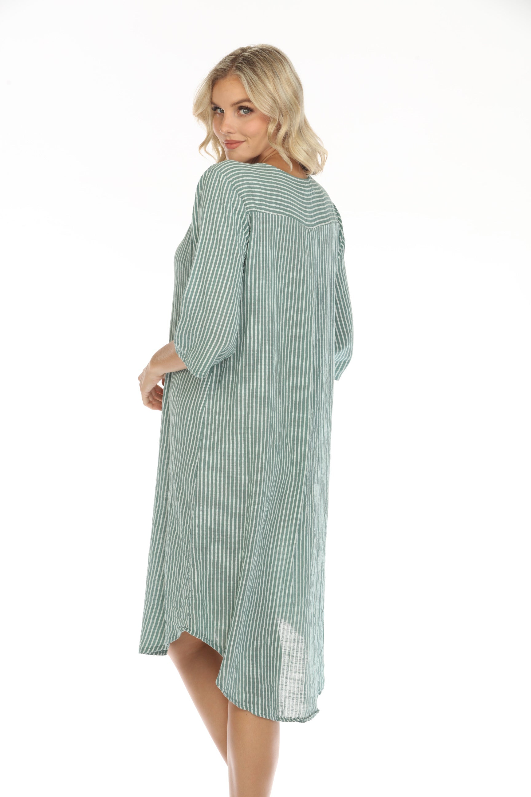 Fern Green Striped Quarter Sleeves Dress